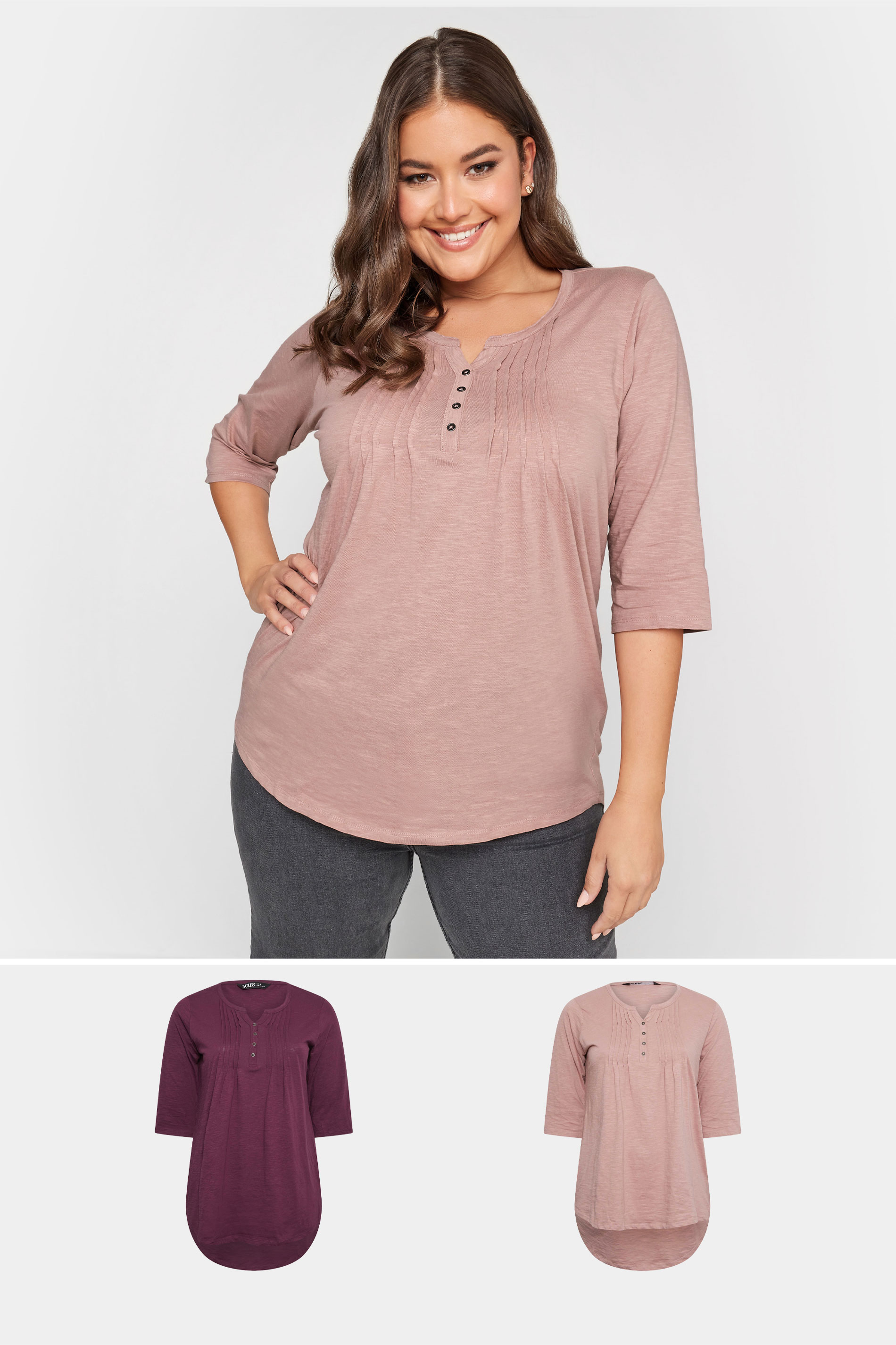 YOURS Plus Size Curve 2 PACK Pink & Purple Pintuck Henley Tops | Yours Clothing 1