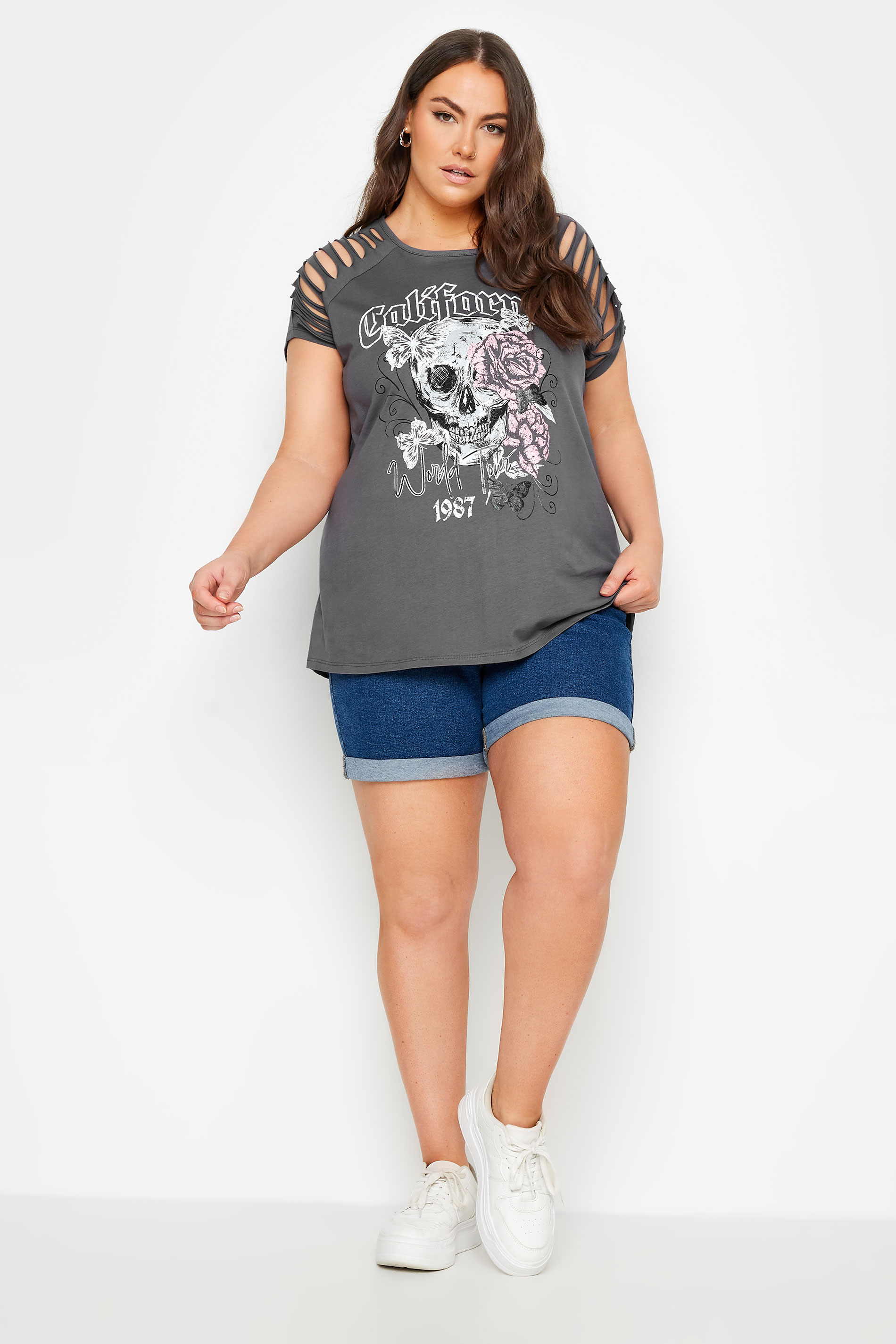YOURS Plus Size Grey Cut Out 'California' Slogan T-Shirt | Yours Clothing 2