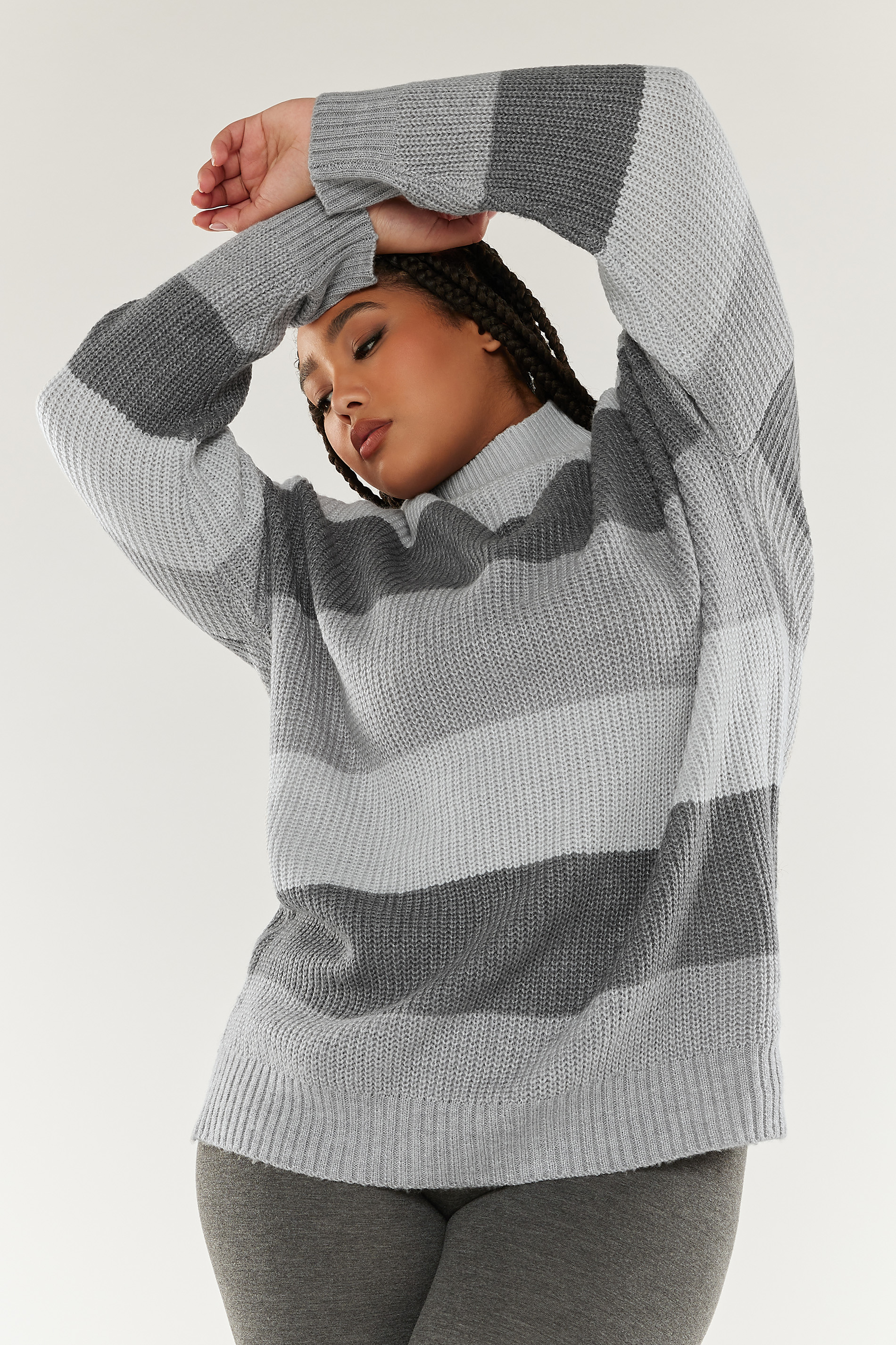 YOURS Plus Size Grey Stripe High Neck Knitted Jumper | Yours Clothing 1