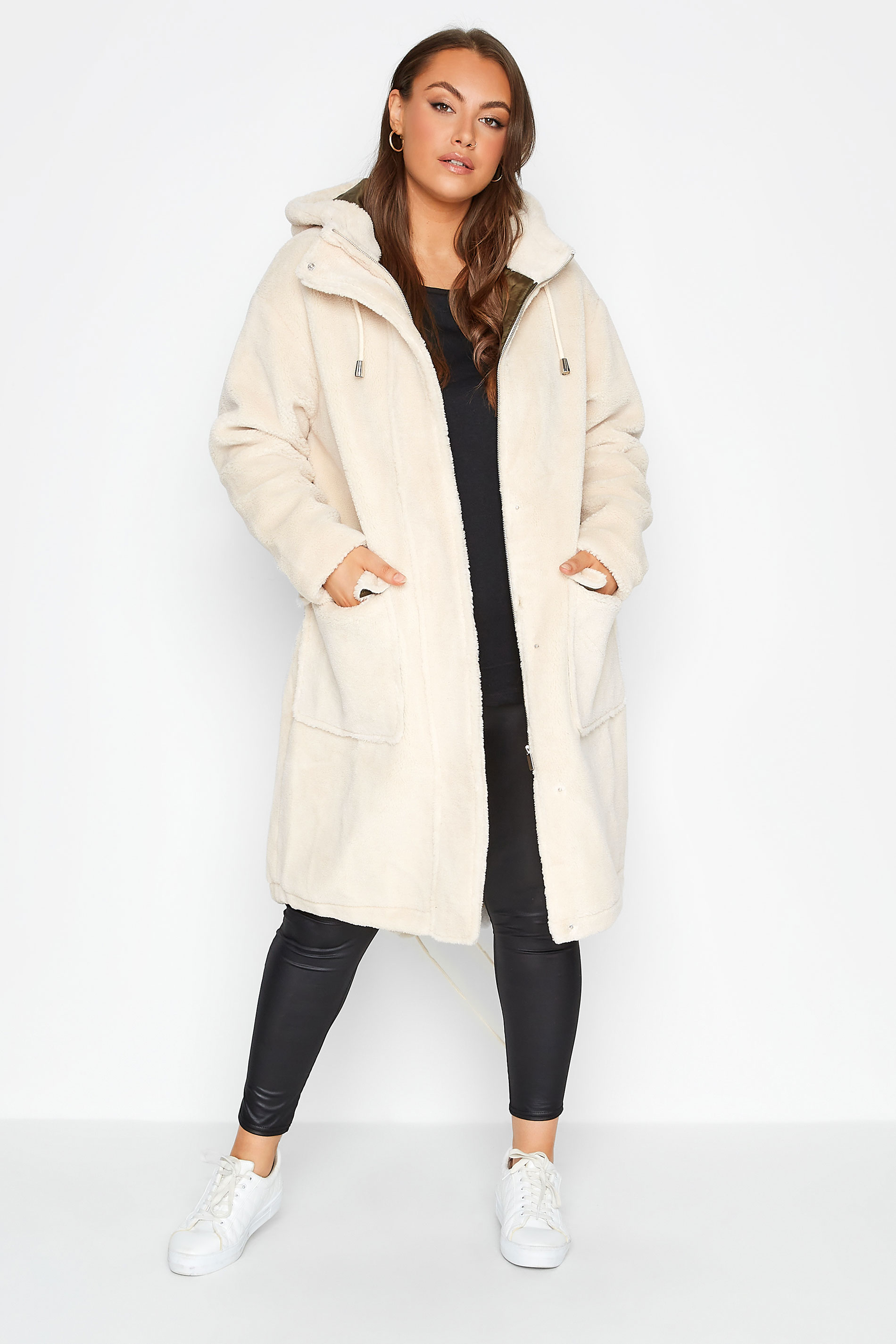 LIMITED COLLECTION Plus Size Cream Teddy Longline Parka Coat | Yours Clothing 1