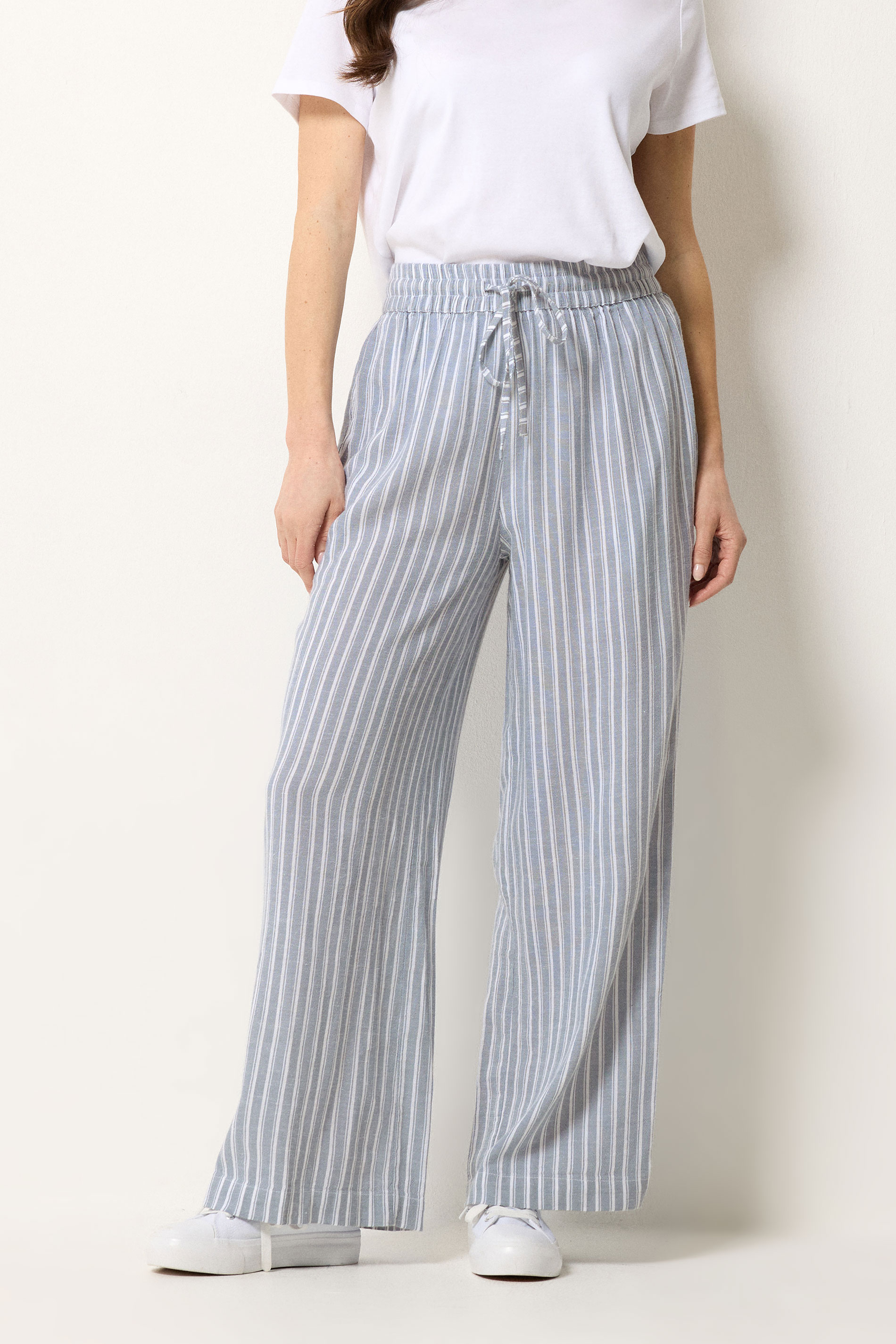 M&Co Blue Stripe Tie Waist Cotton Trousers | M&Co 1
