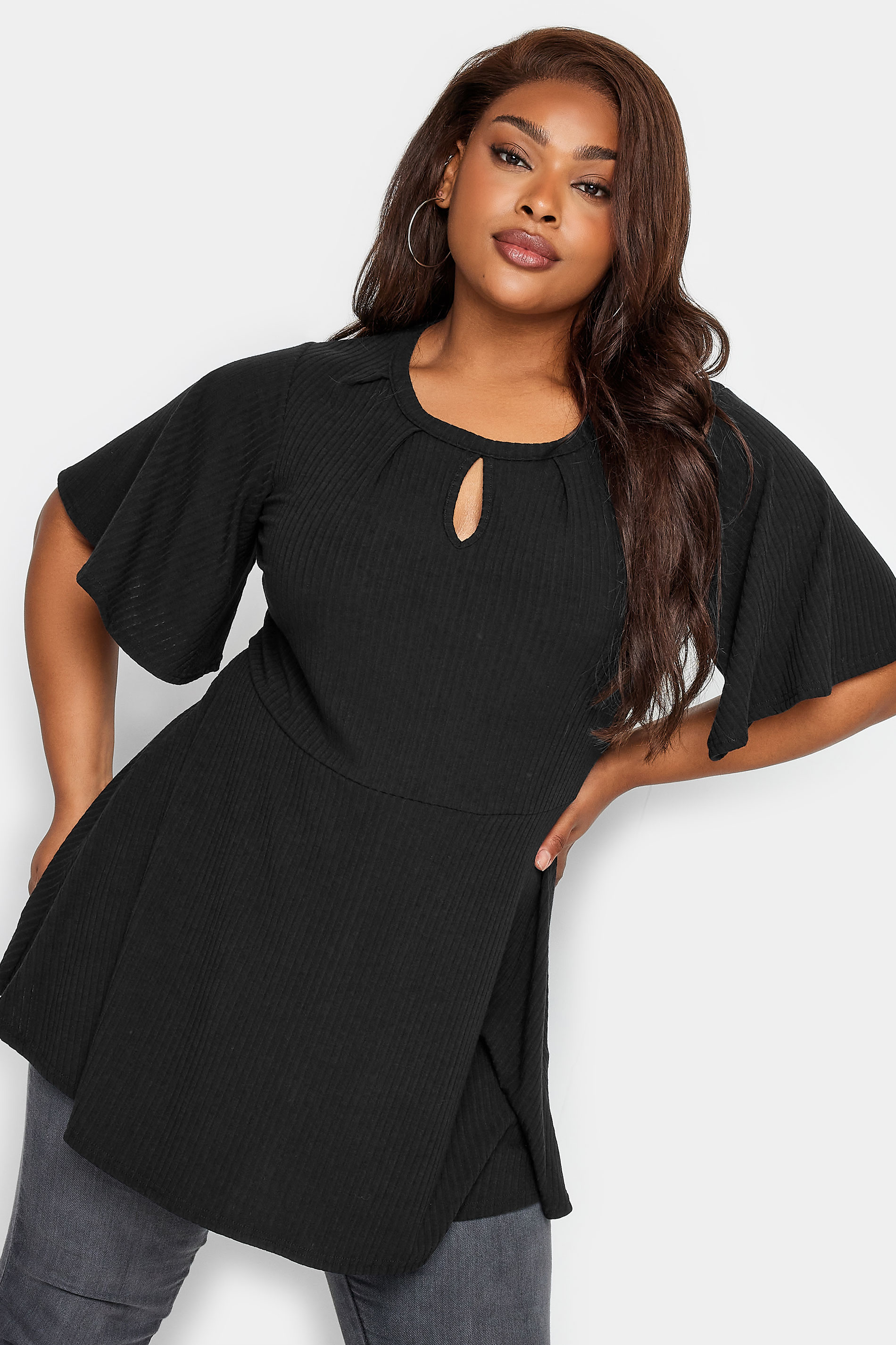 YOURS Plus Size Black Keyhole Peplum Top | Yours Clothing 1