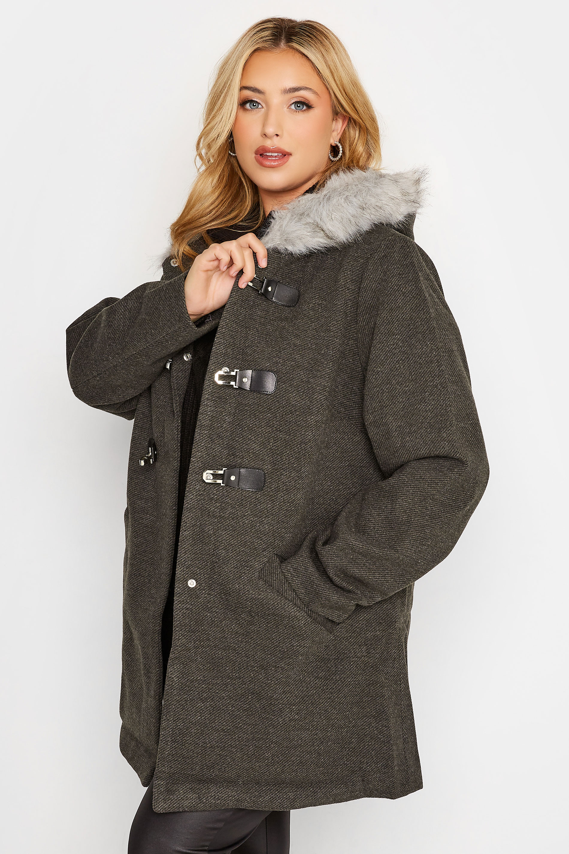 Plus Size Grey Twill Faux Fur Trim Duffle Coat | Yours Clothing 3