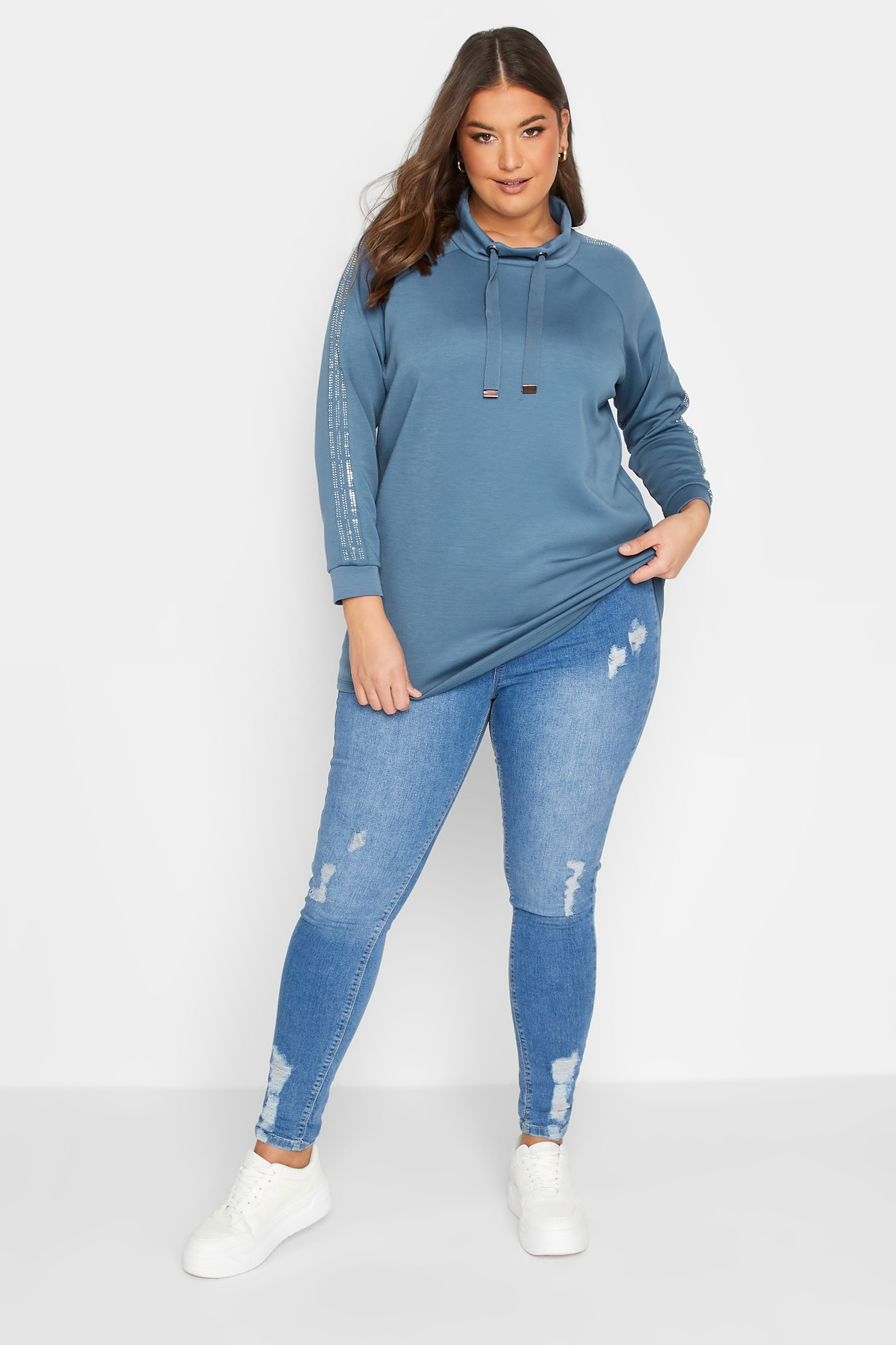 Curve Blue Diamante Sleeve Raglan Sweatshirt | Yours Clothing 2