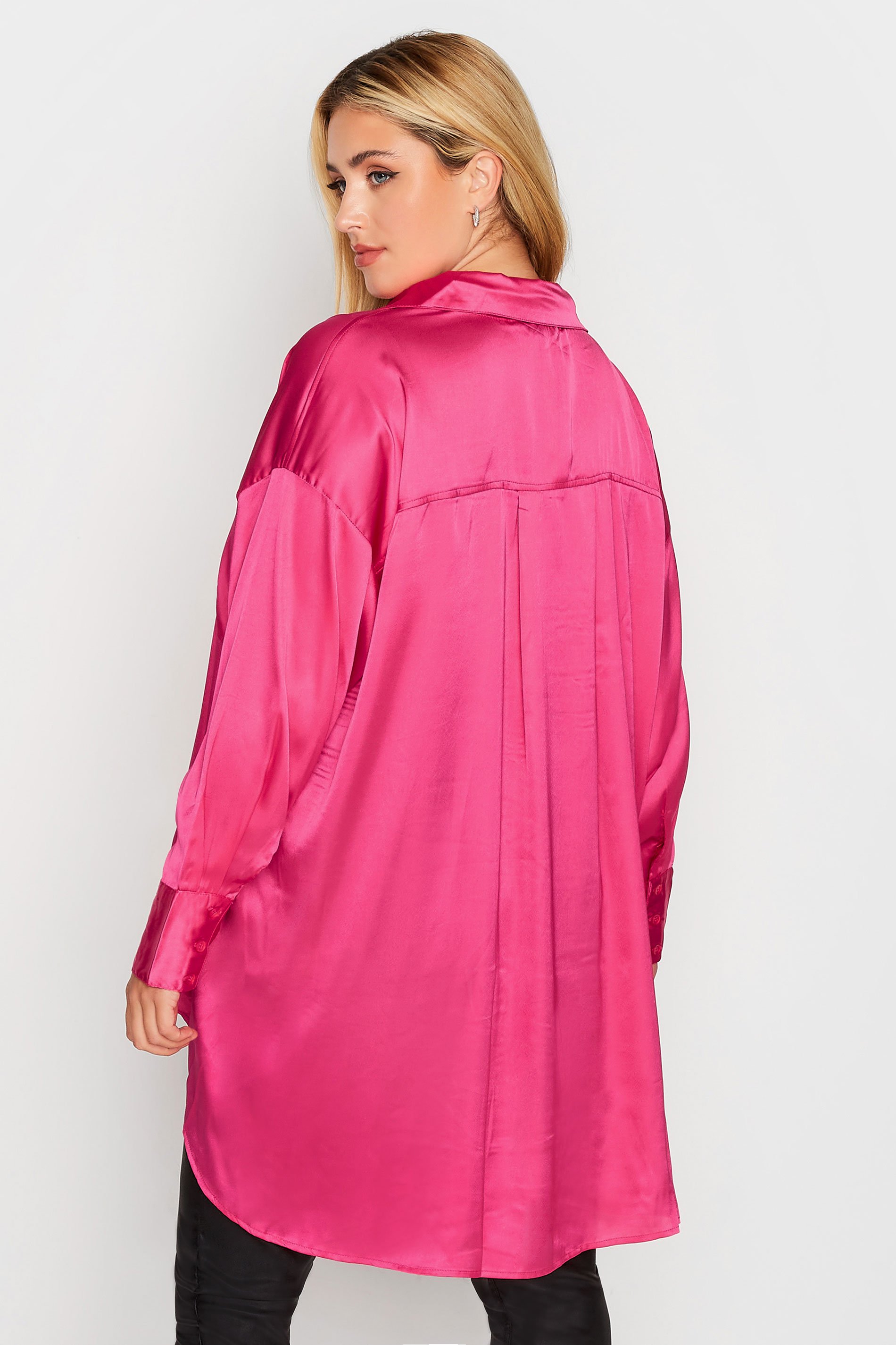 Bright Pink Satin Long Sleeve Oversized Shirt