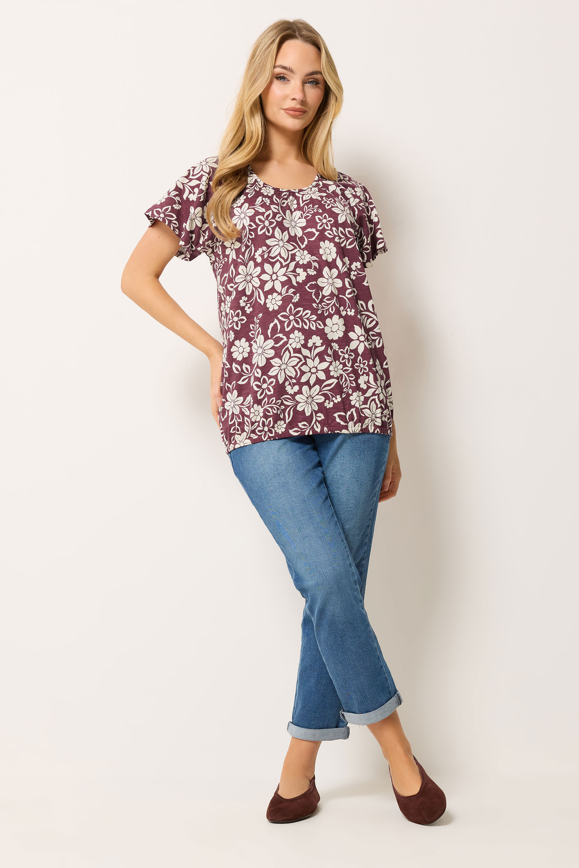 M&Co Berry Red Floral Cotton Scoop Neck Top | M&Co 1