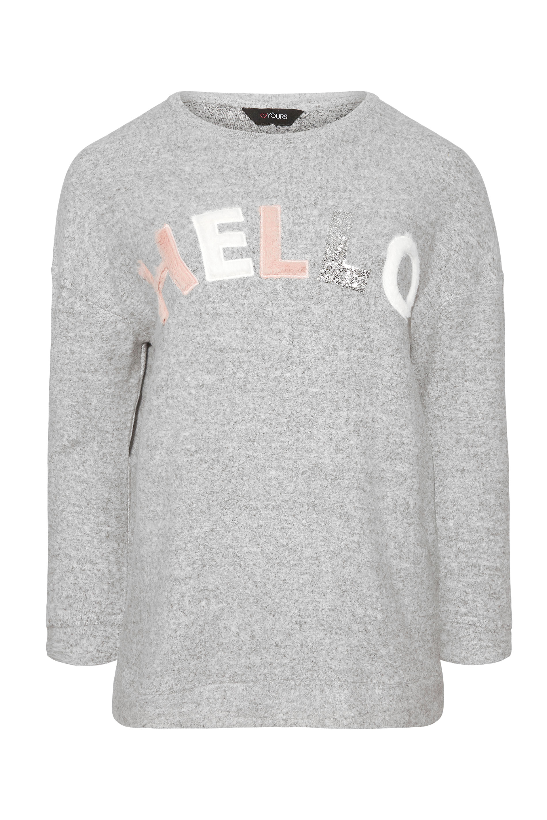 Grande taille  Maille Grande taille  Pulls en Maille | Pull Gris en Maille Slogan 'Hello' - QF98058