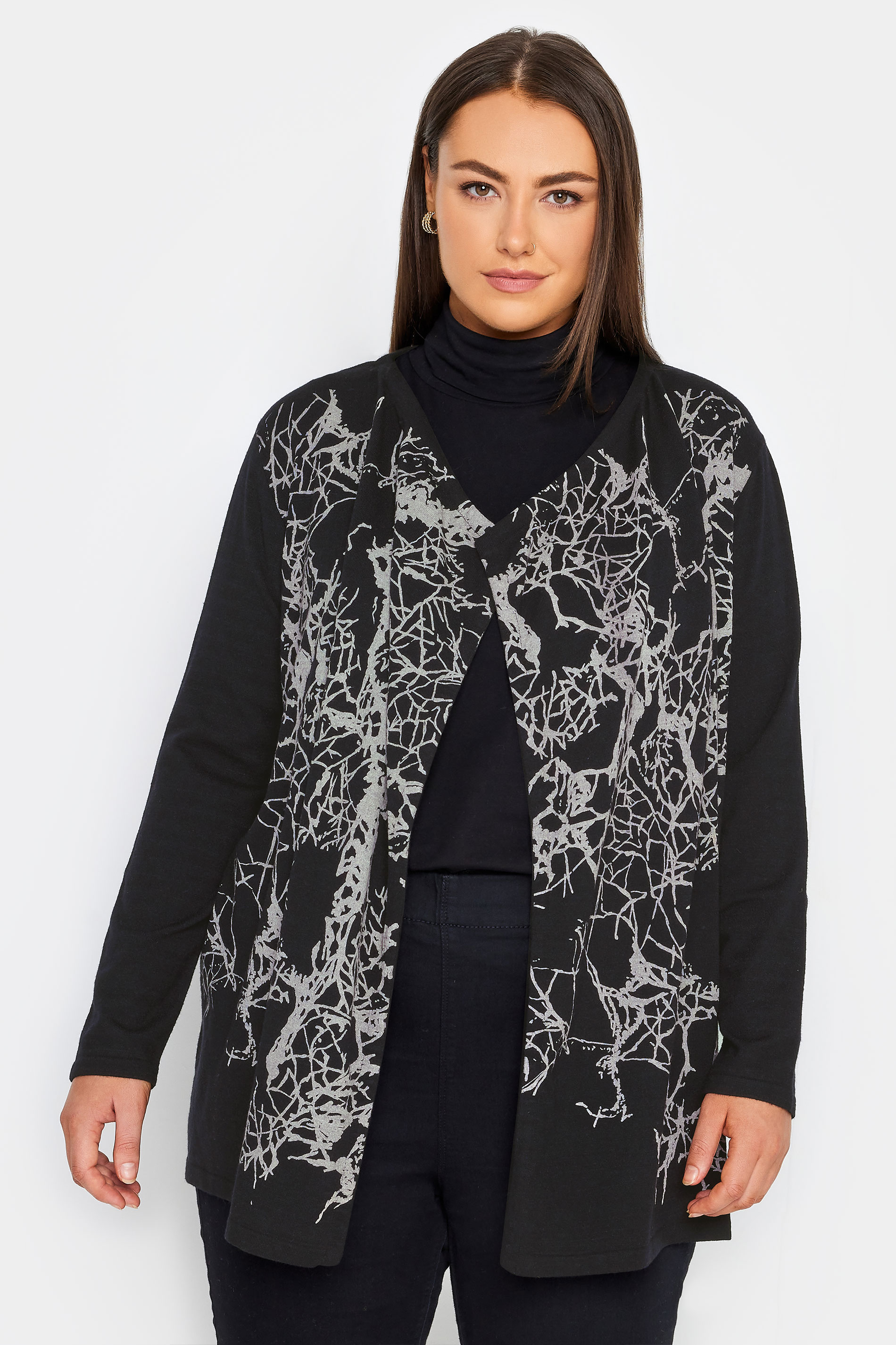 Evans Black & Grey Abstract Print Collarless Jacket 1
