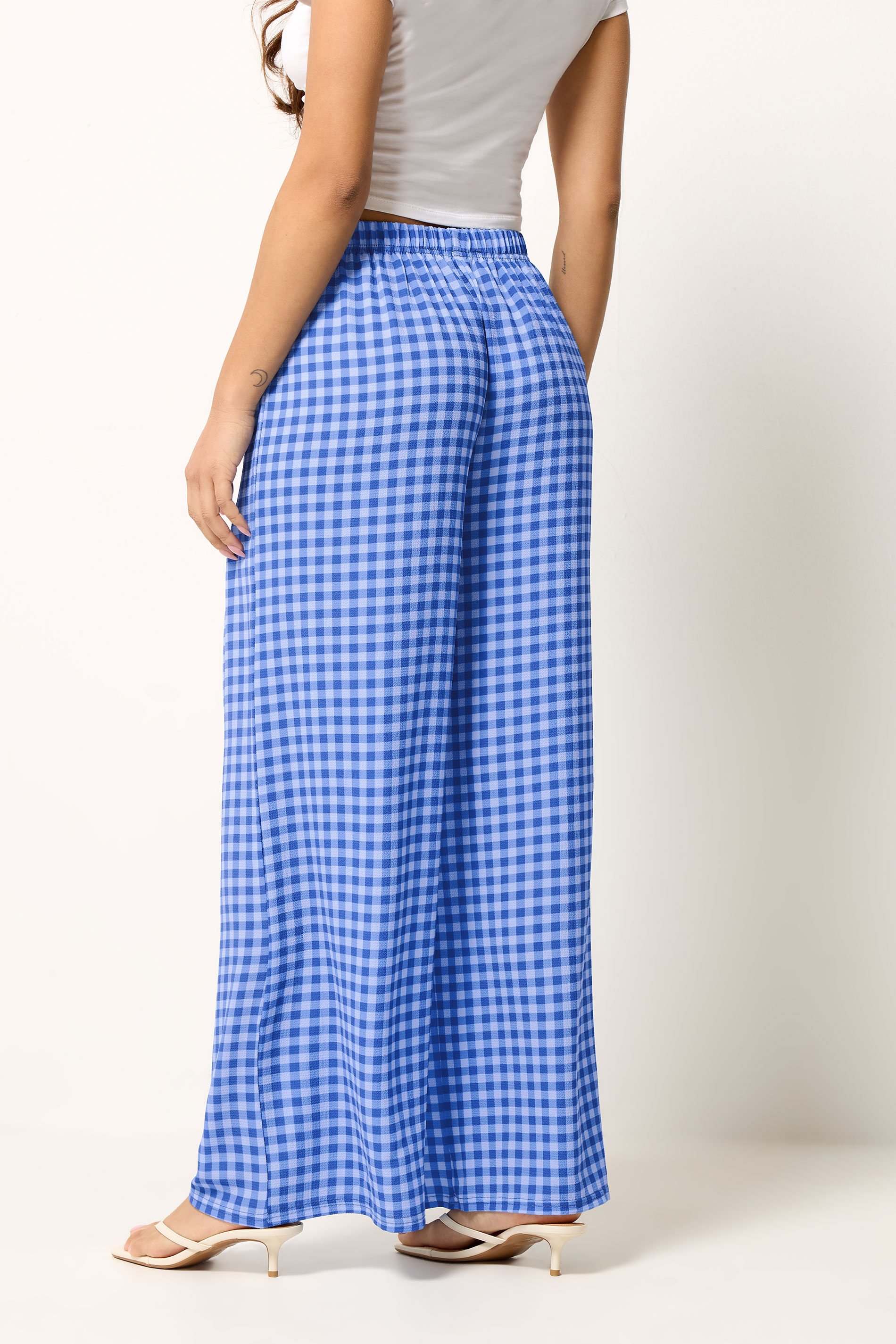 PixieGirl Petite Women's Blue Gingham Wide Leg Trousers | PixieGirl 2