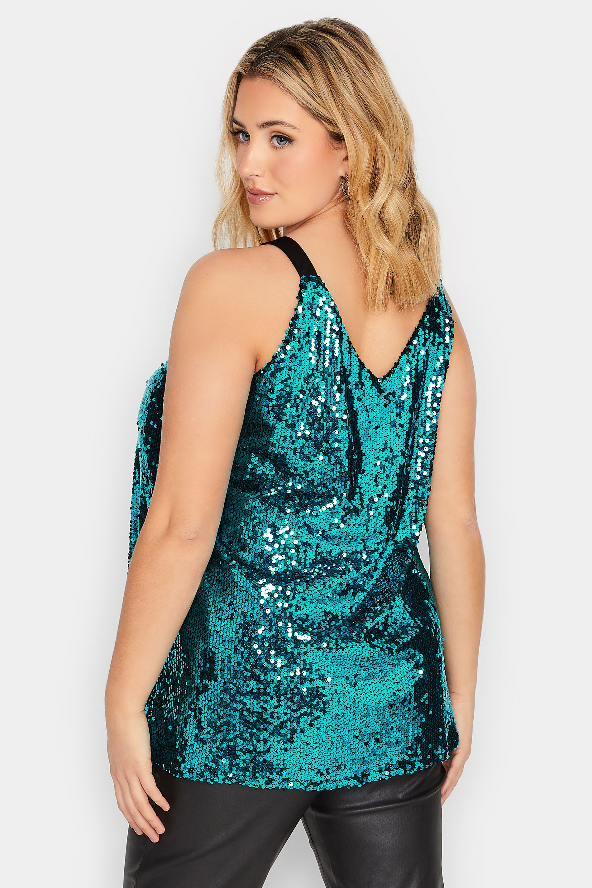 YOURS LONDON Plus Size Teal Blue Sequin Embellished Cami Top | Yours Clothing 3