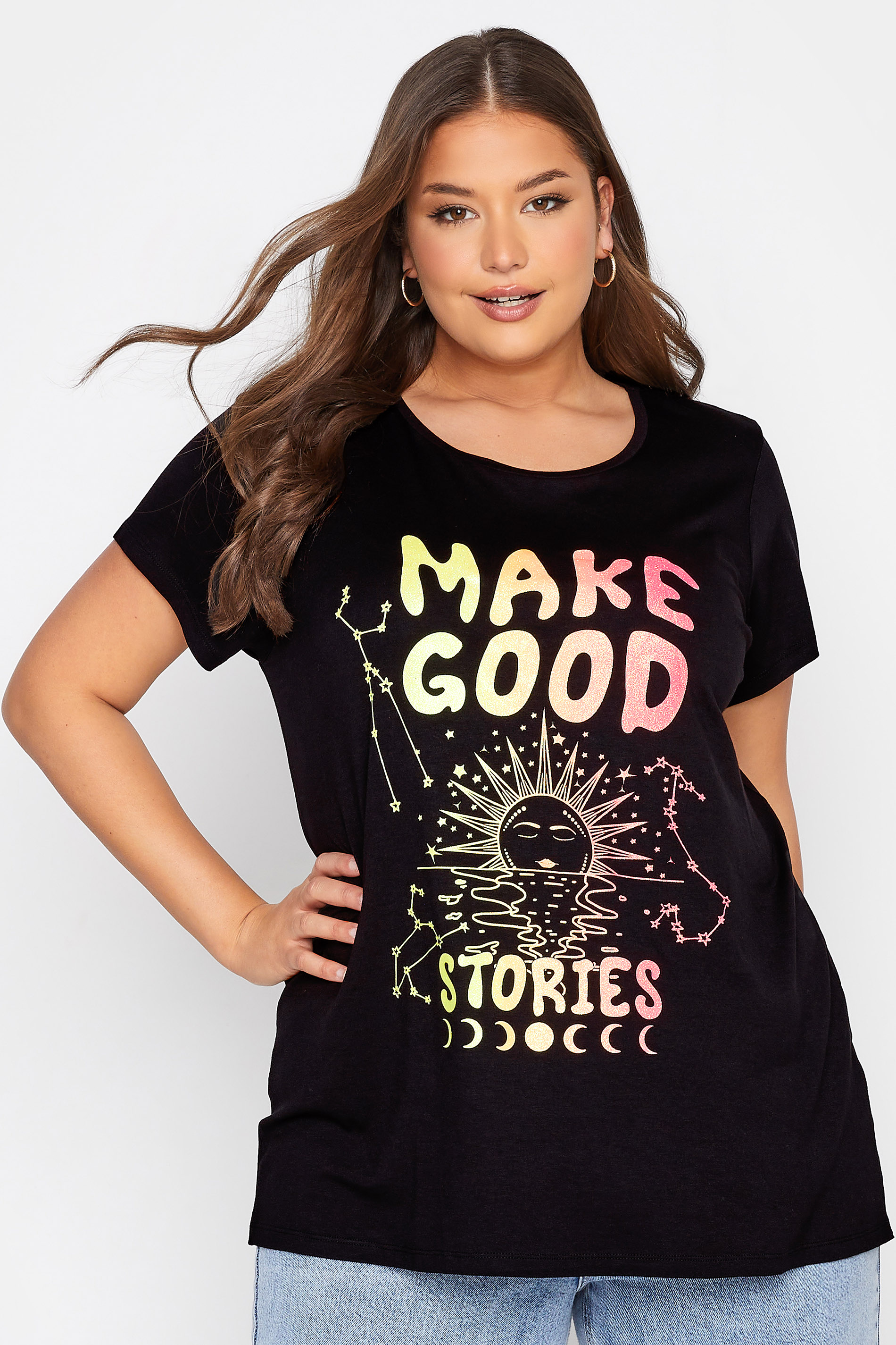Curve Black 'Make Good Stories' Slogan Graphic Print T-Shirt_A.jpg