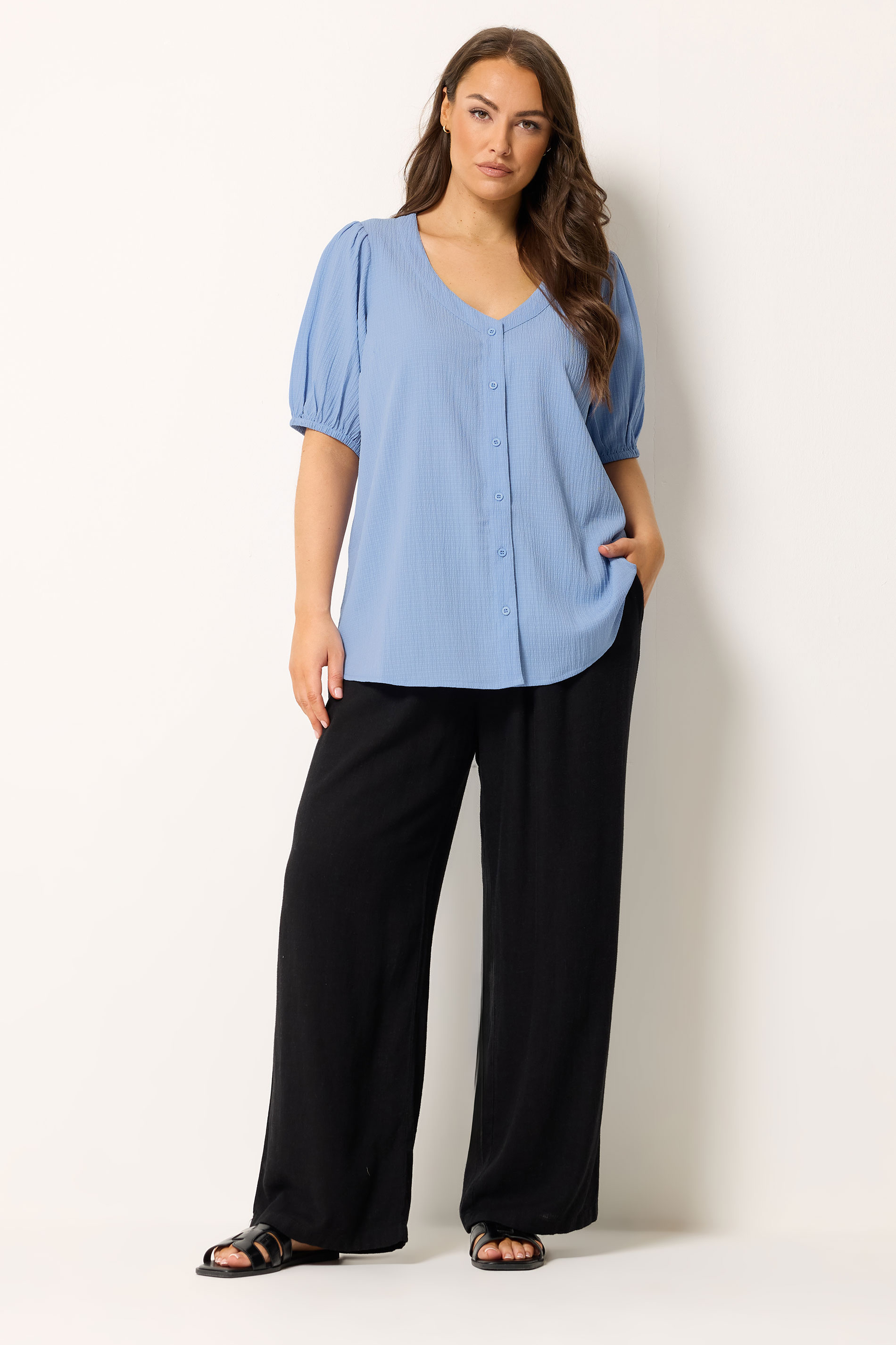 YOURS Plus Size Blue Button Textured Blouse | Yours Clothing 1