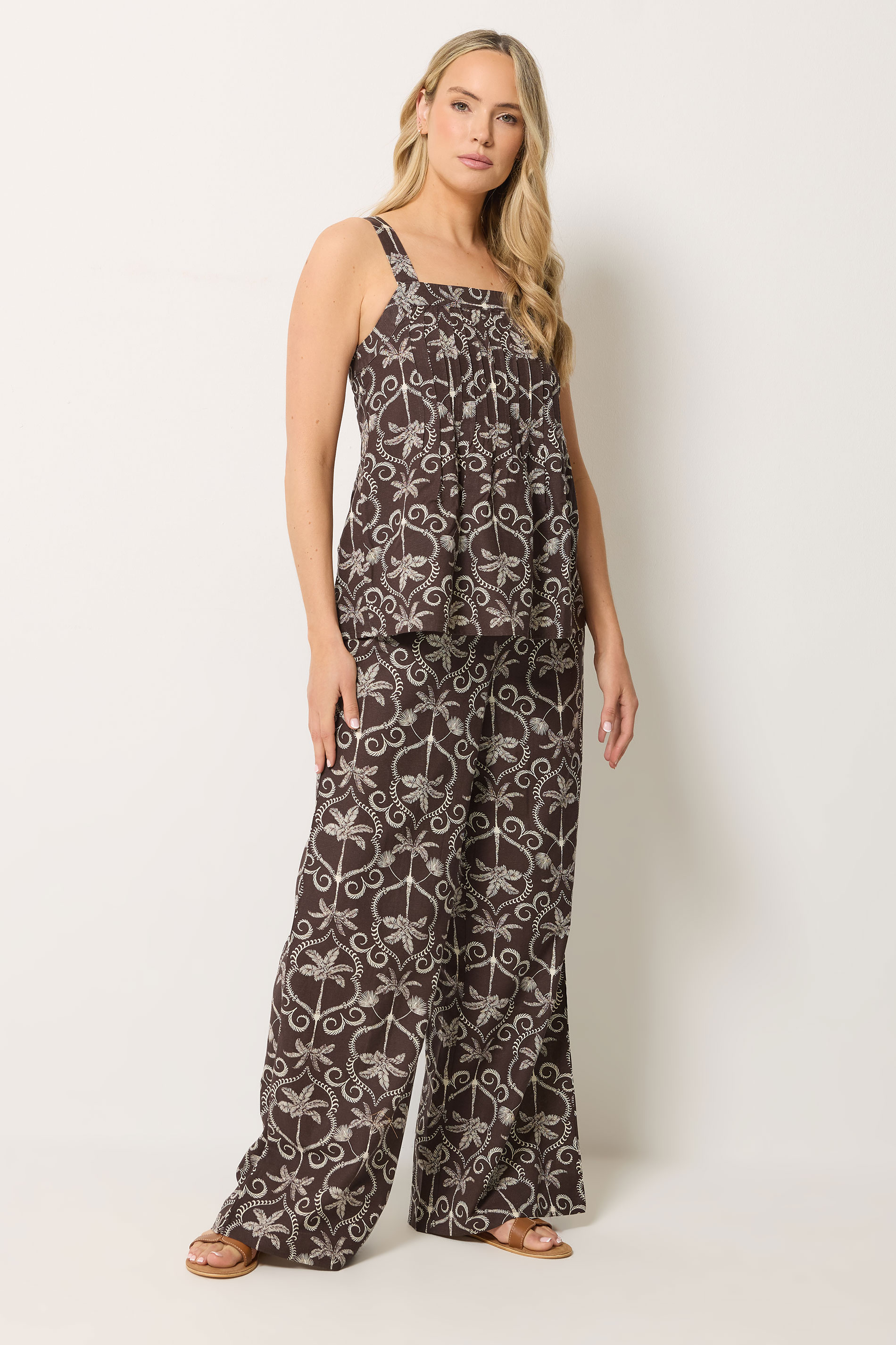 LTS Tall Women's Set Chocolate Brown Palm Linen Vest Top & Wide Leg Trousers | Long Tall Sally 3