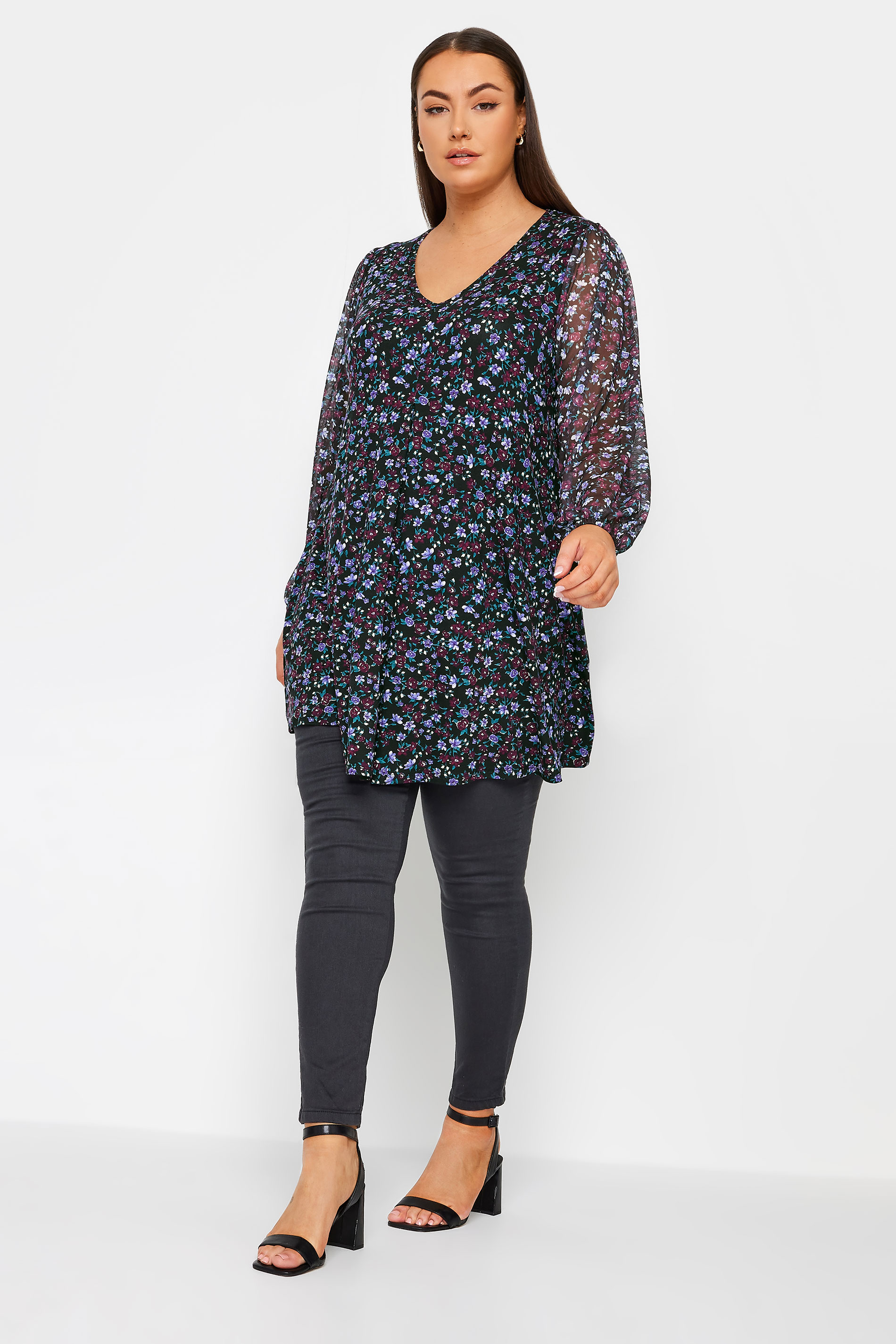 YOURS Plus Size Blue Floral Print Mesh Sleeve Top | Yours Clothing 2