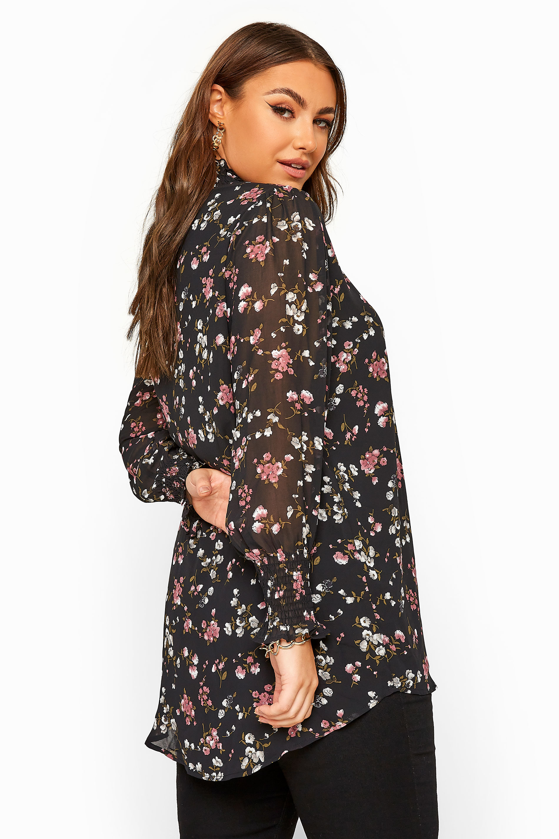 YOURS LONDON Black Floral Shirred High Neck Chiffon Blouse | Yours Clothing