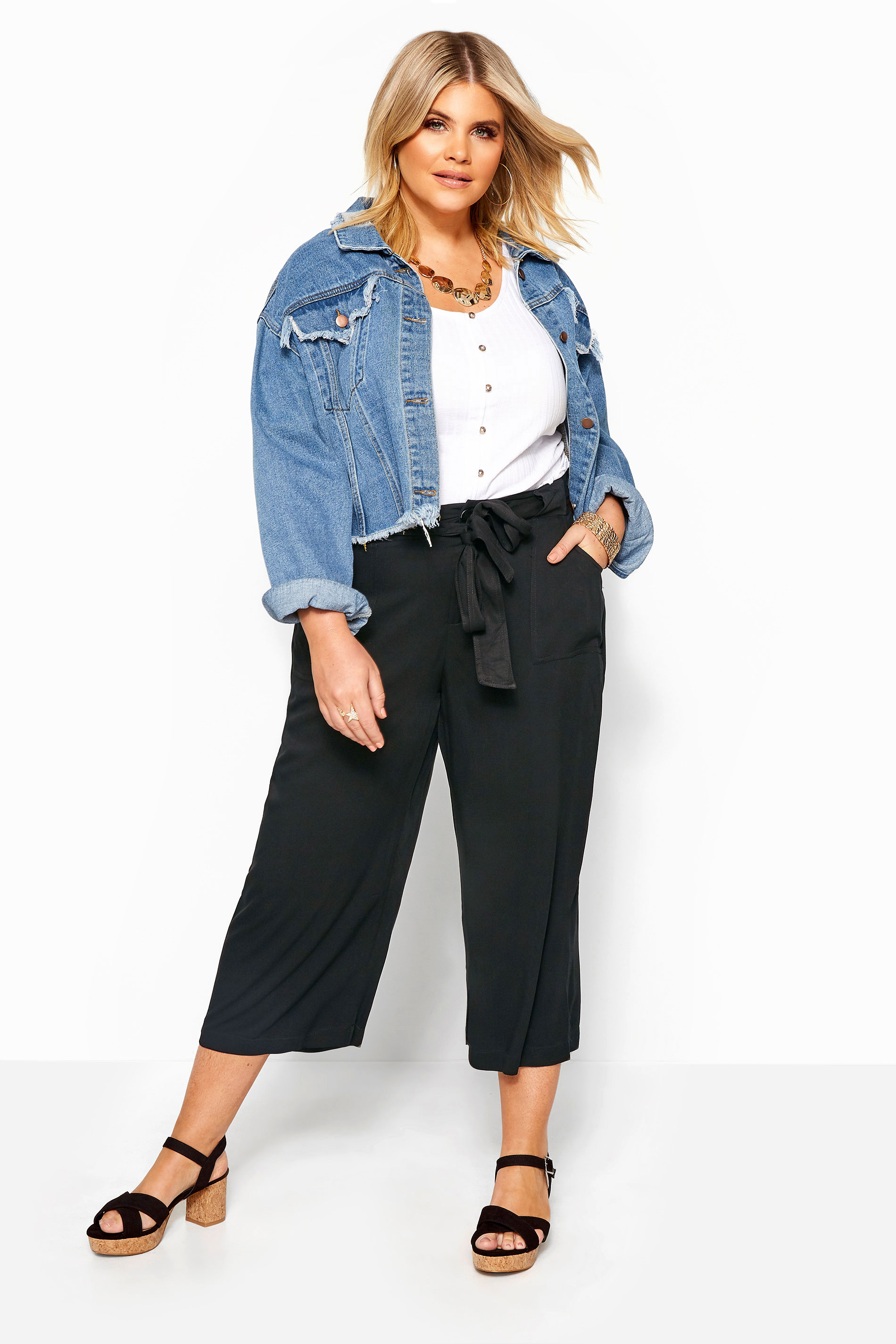 Black Belted Cropped Trousers | Yours Clothing