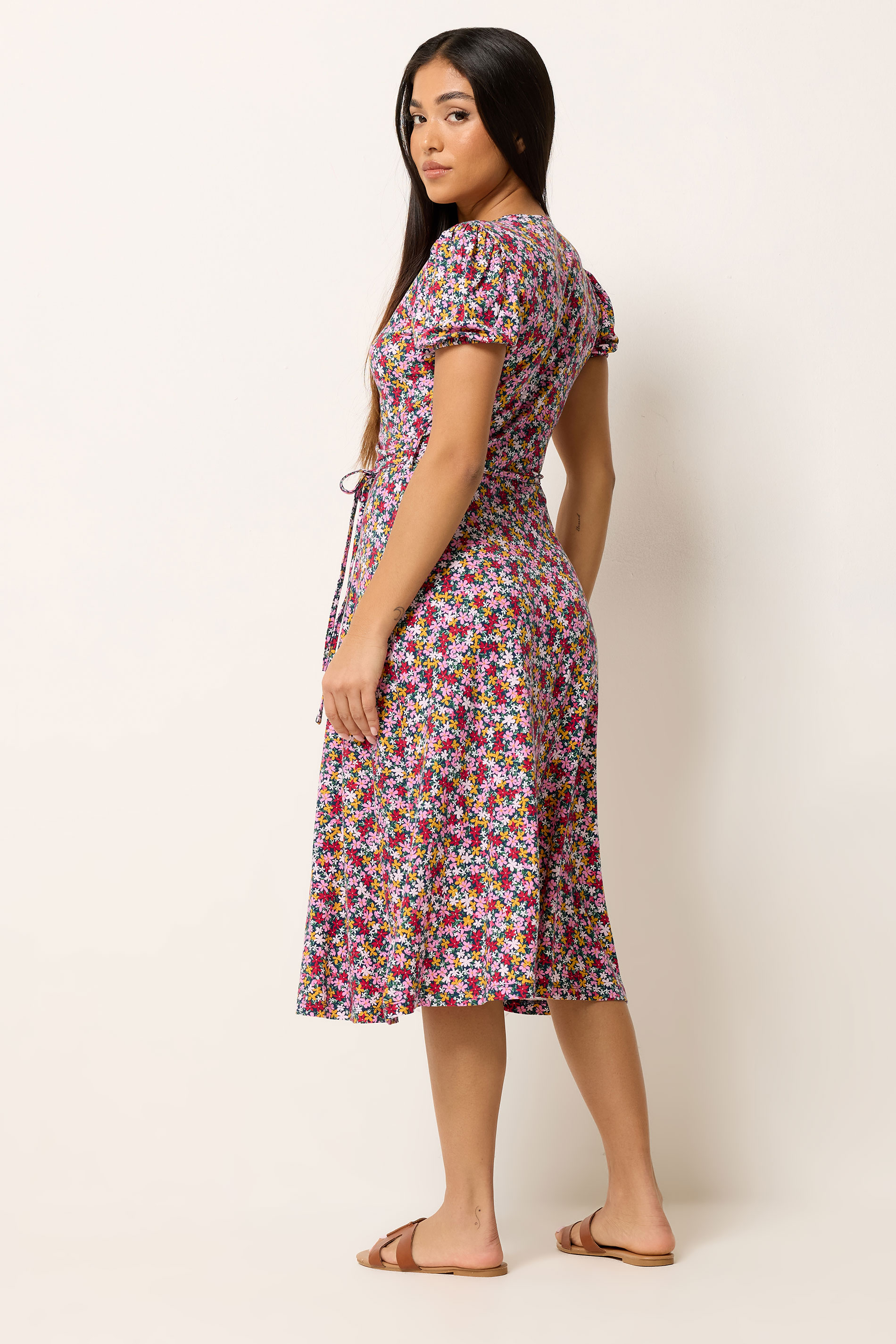 M&Co Petite Pink Ditsy Floral Midi Wrap Dress | M&Co 2