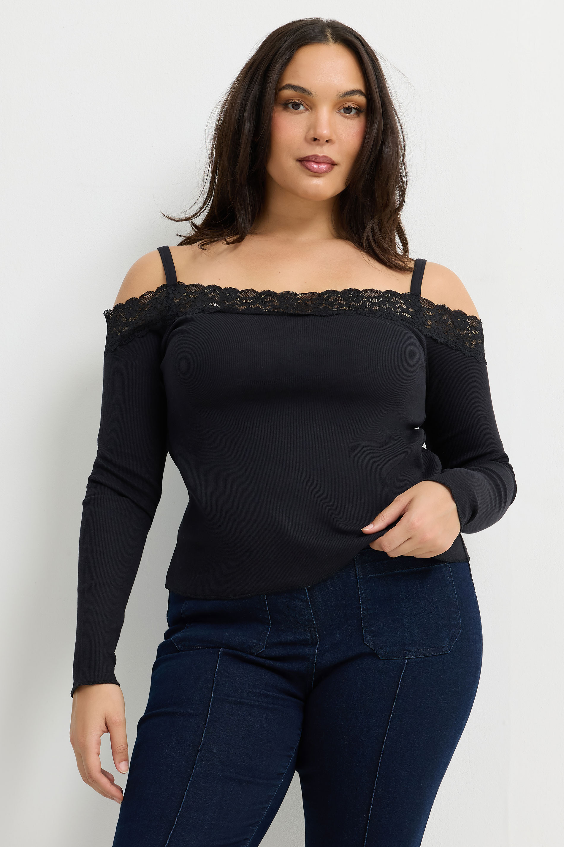 Limited Collection Zwarte Bardot Top Met Kanten Afwerking Size 38