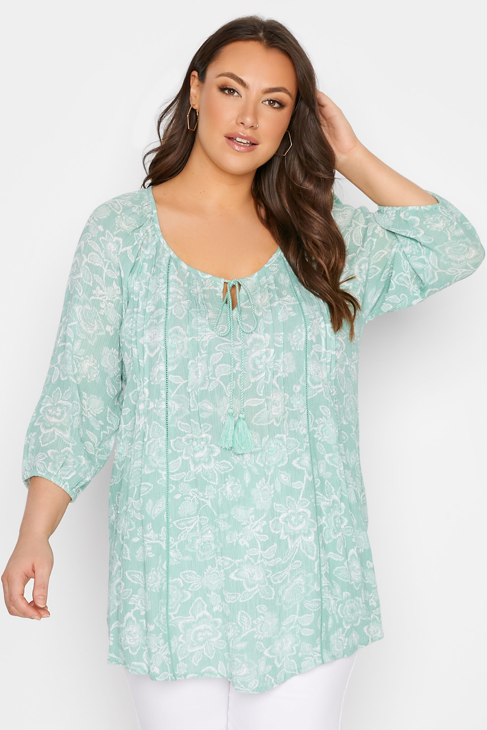 Plus Size Sage Green Floral Gypsy Top | Yours Clothing 1
