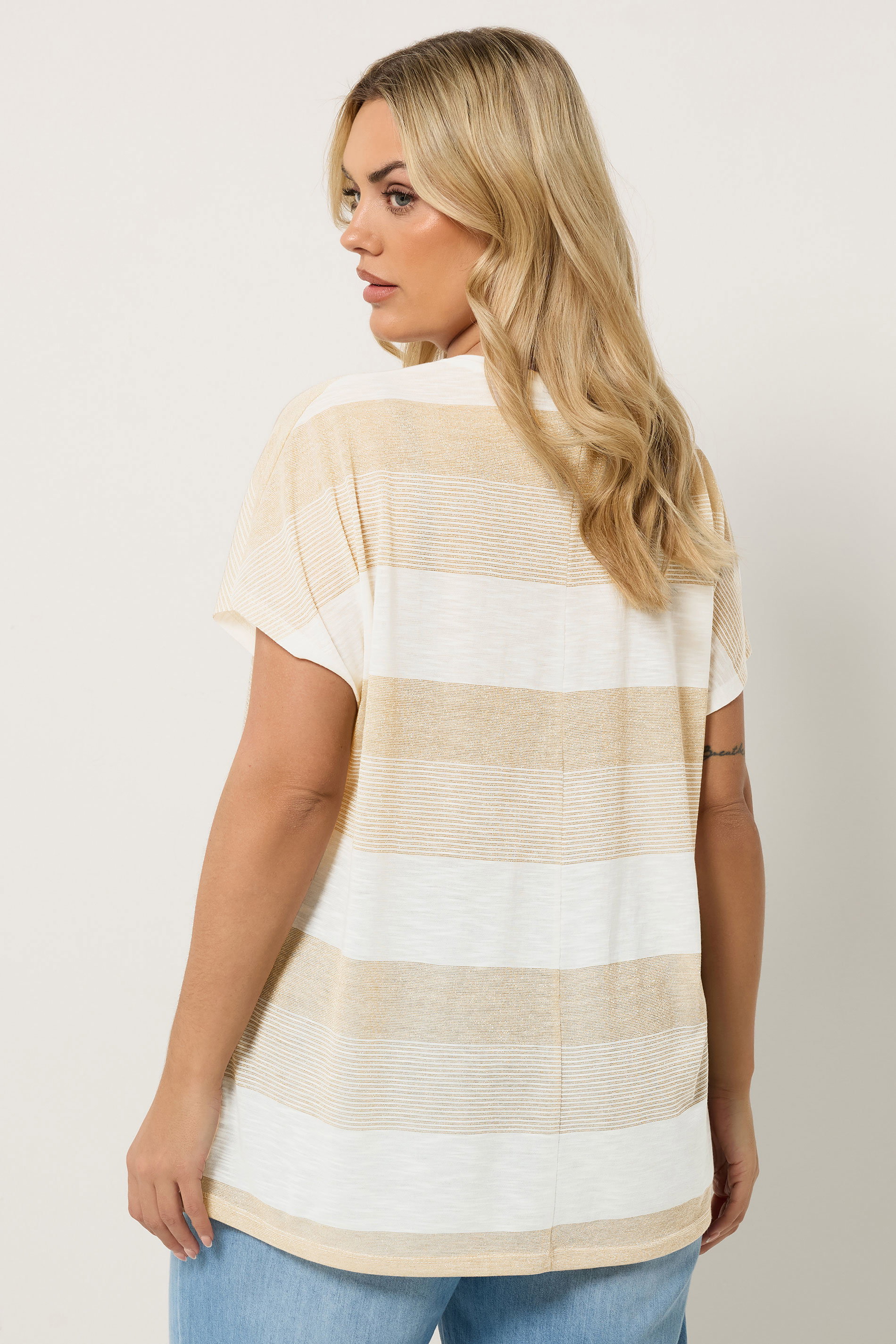 YOURS Plus Size Natural Brown & Gold Shimmer Stripe Top | Yours Clothing 2