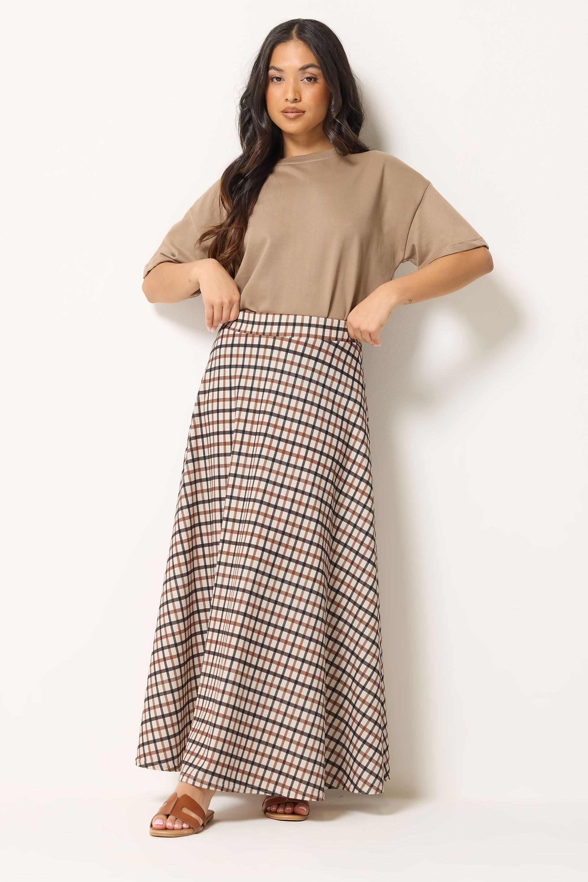 PixieGirl Petite Women's Natural Brown Check Maxi Skirt | PixieGirl 3