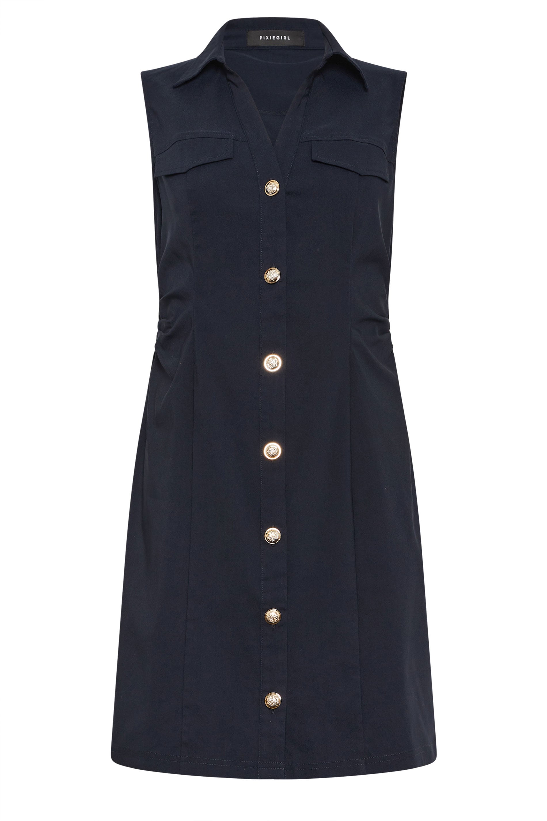 PixieGirl Petite Women's Navy Blue Ruched Shirt Mini Dress | PixieGirl 5