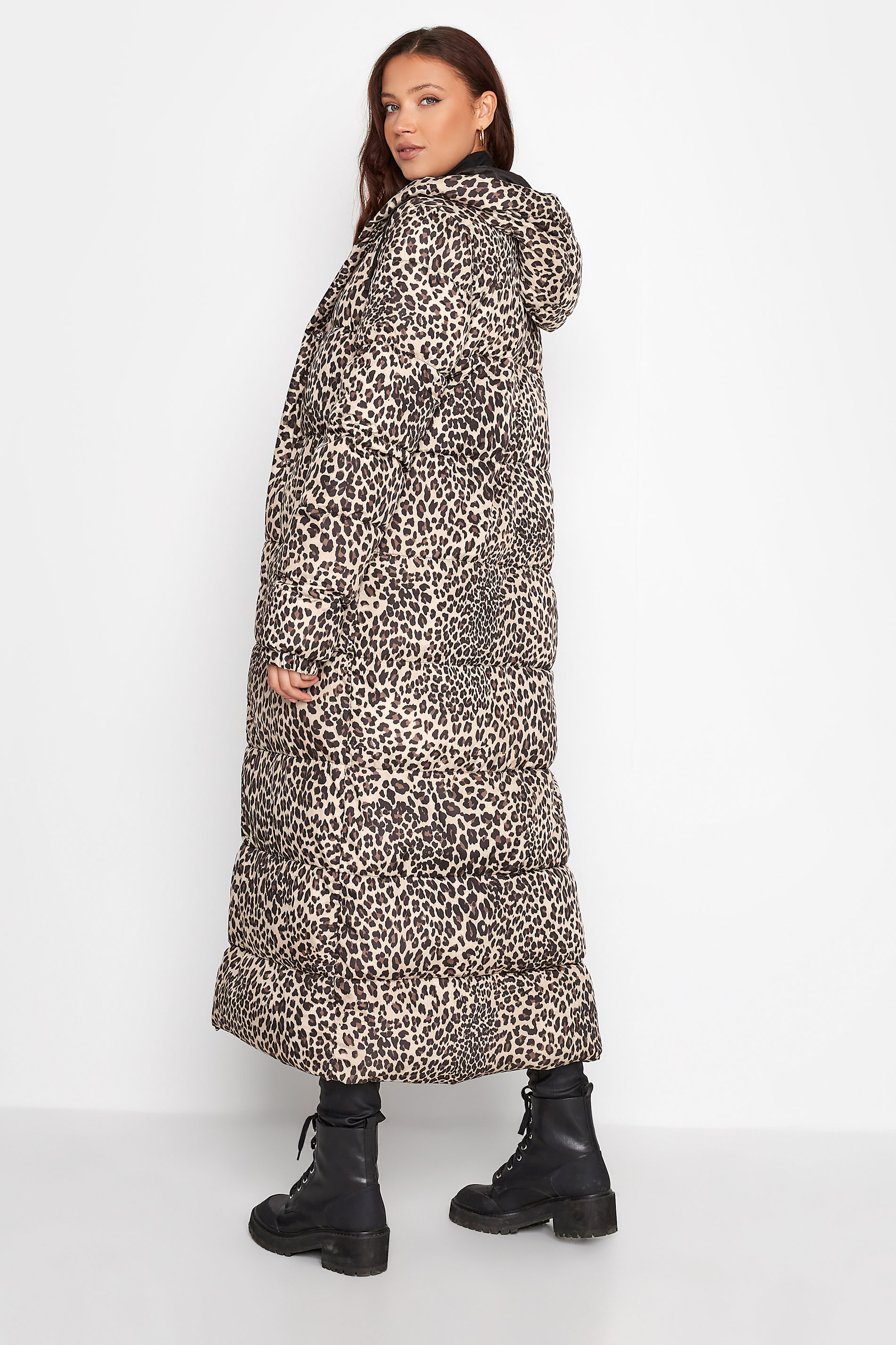 LTS Tall Womens Beige Brown Leopard Print Longline Puffer Coat | Long Tall Sally 3
