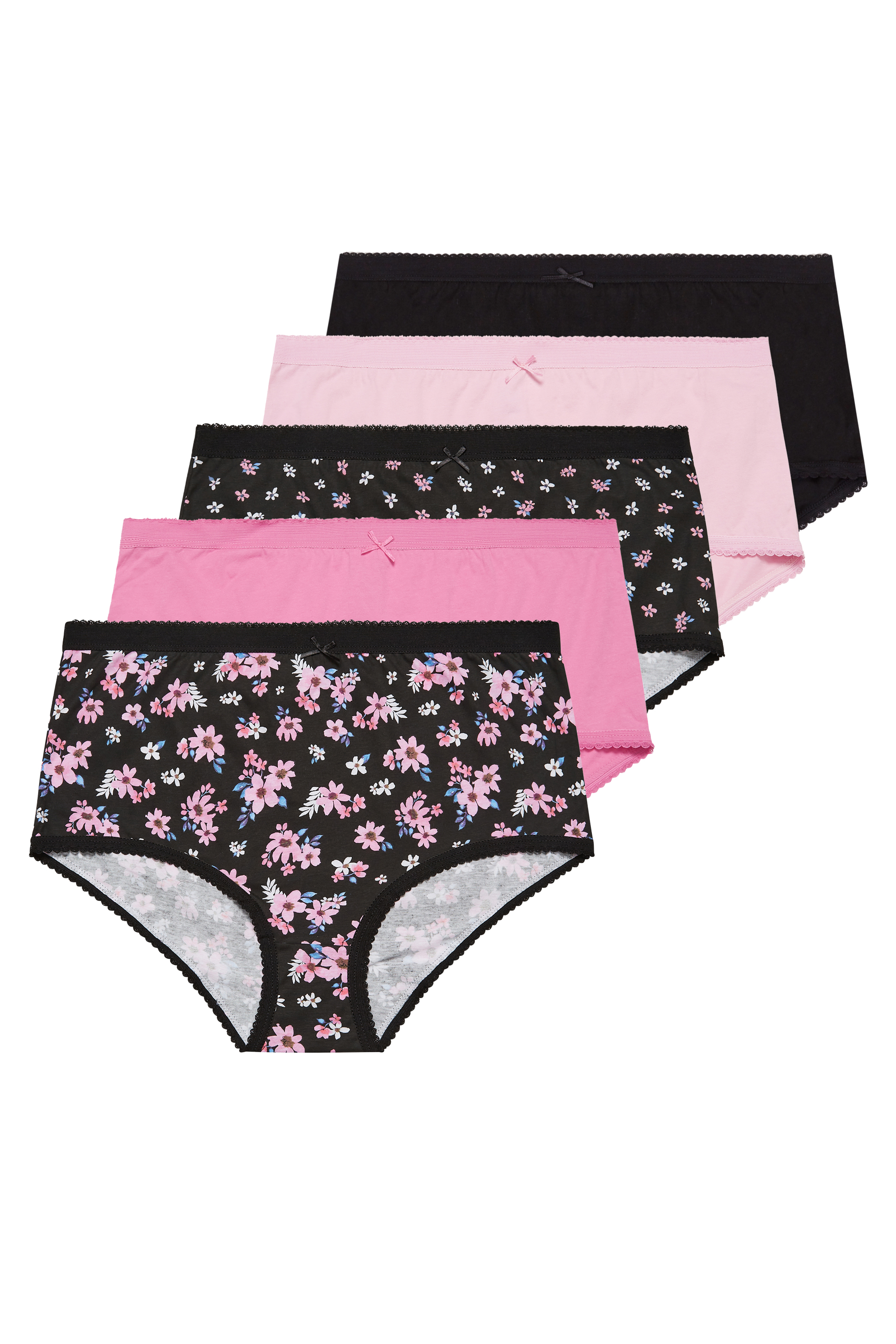 YOURS Curve Plus Size 5 PACK Black & Pink Floral Full Briefs | Yours Clothing  3