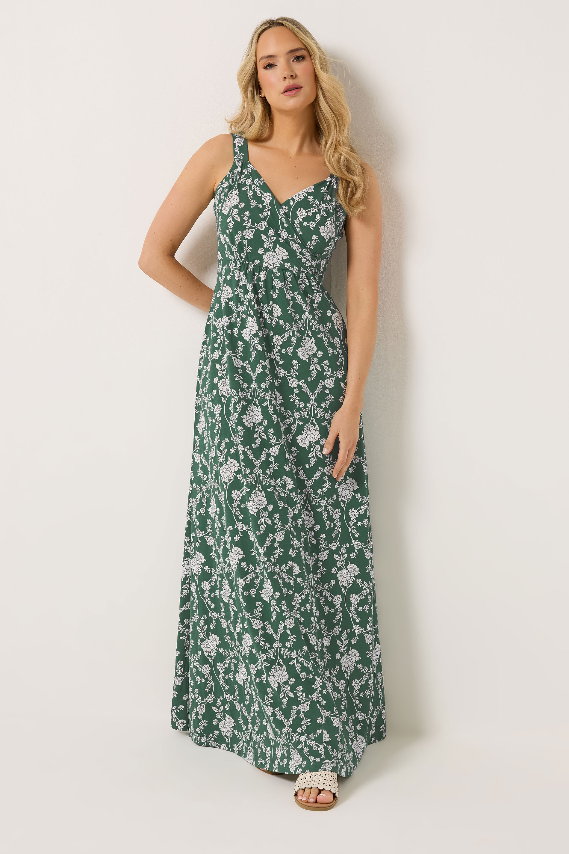 LTS Tall Women's Dark Green V-Neckline Floral Cotton Maxi Dress | Long Tall Sally  2