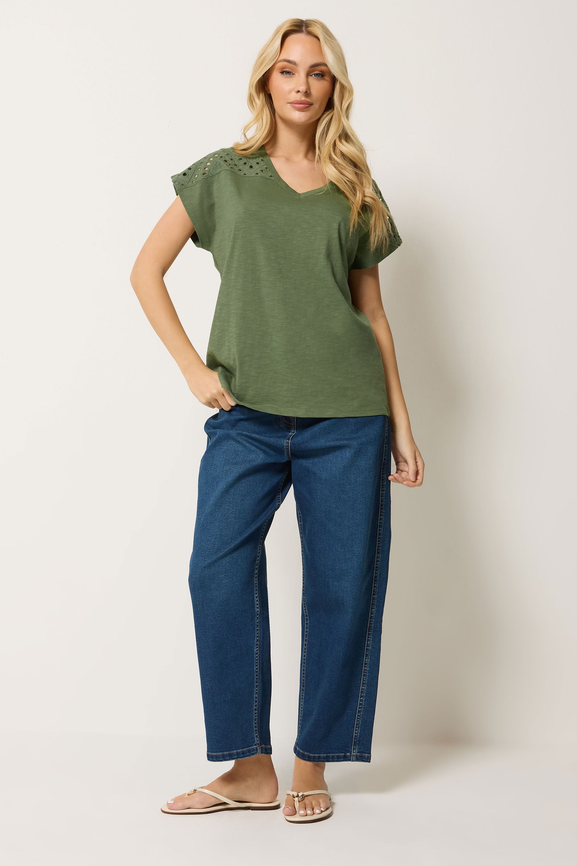 M&Co Khaki Green Broderie V-Neck Cotton T-Shirt | M&Co 1