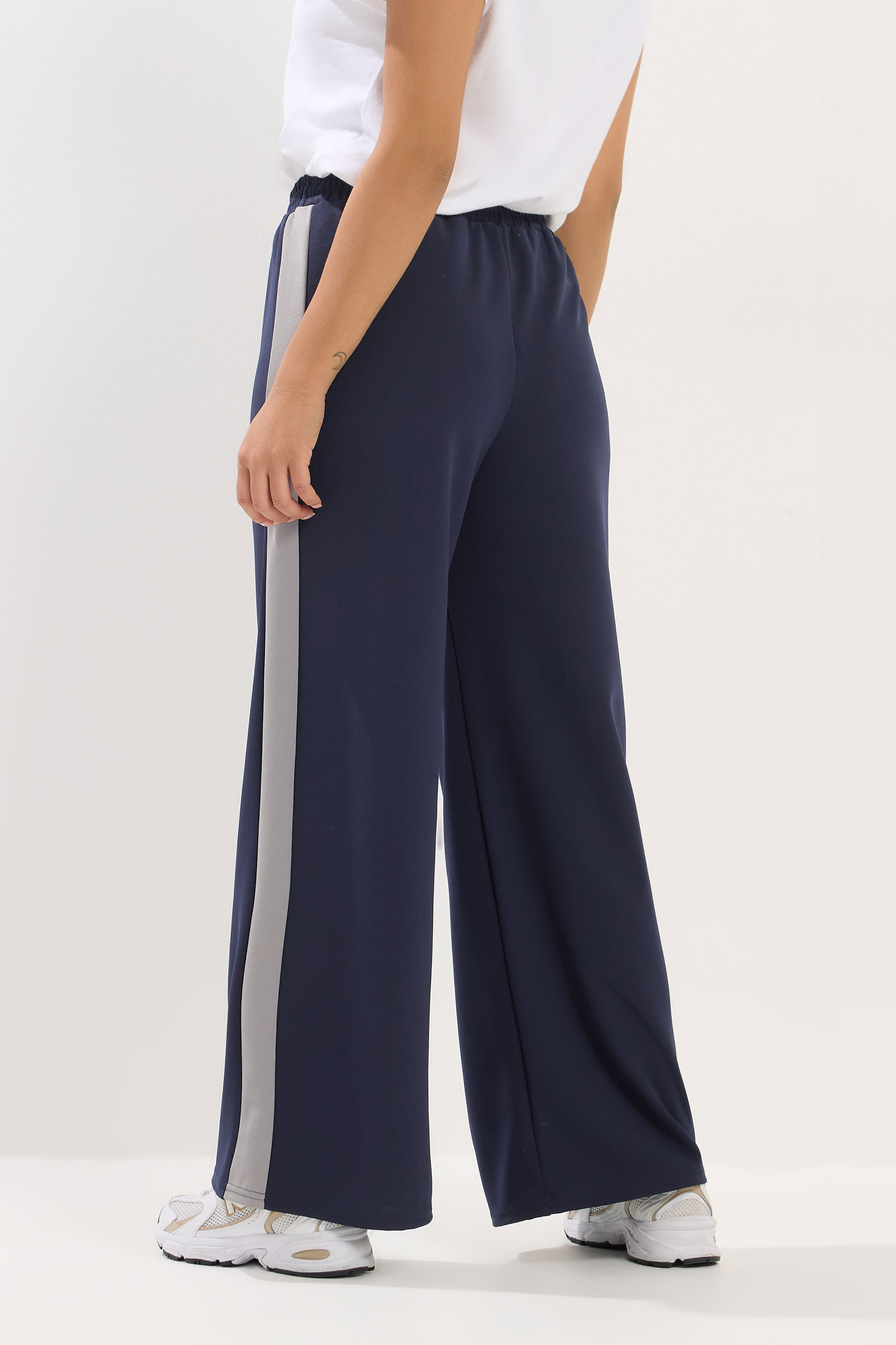 PixieGirl Petite Women's Navy Blue Side Stripe Wide Leg Trousers | PixieGirl 2