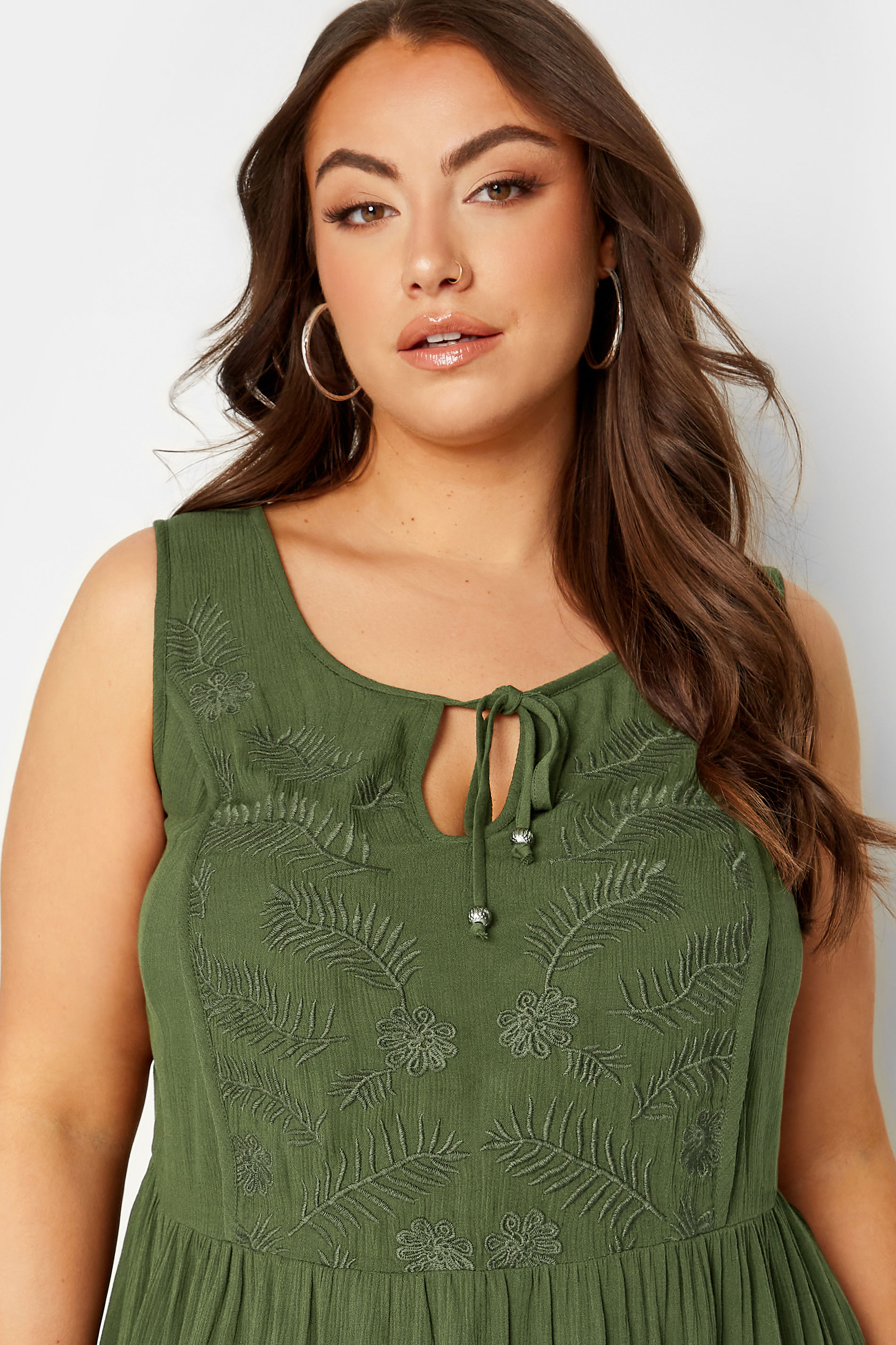 YOURS Plus Size Khaki Green Embroidered Peplum Vest Top | Yours Clothing