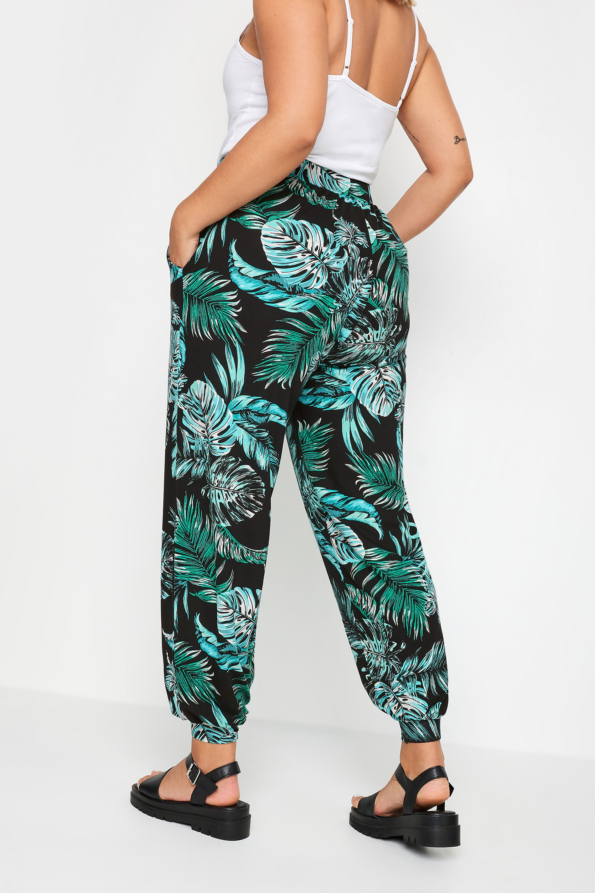 YOURS Plus Size Black Leaf Print Cuffed Harem Trousers | Yours Clothing 3