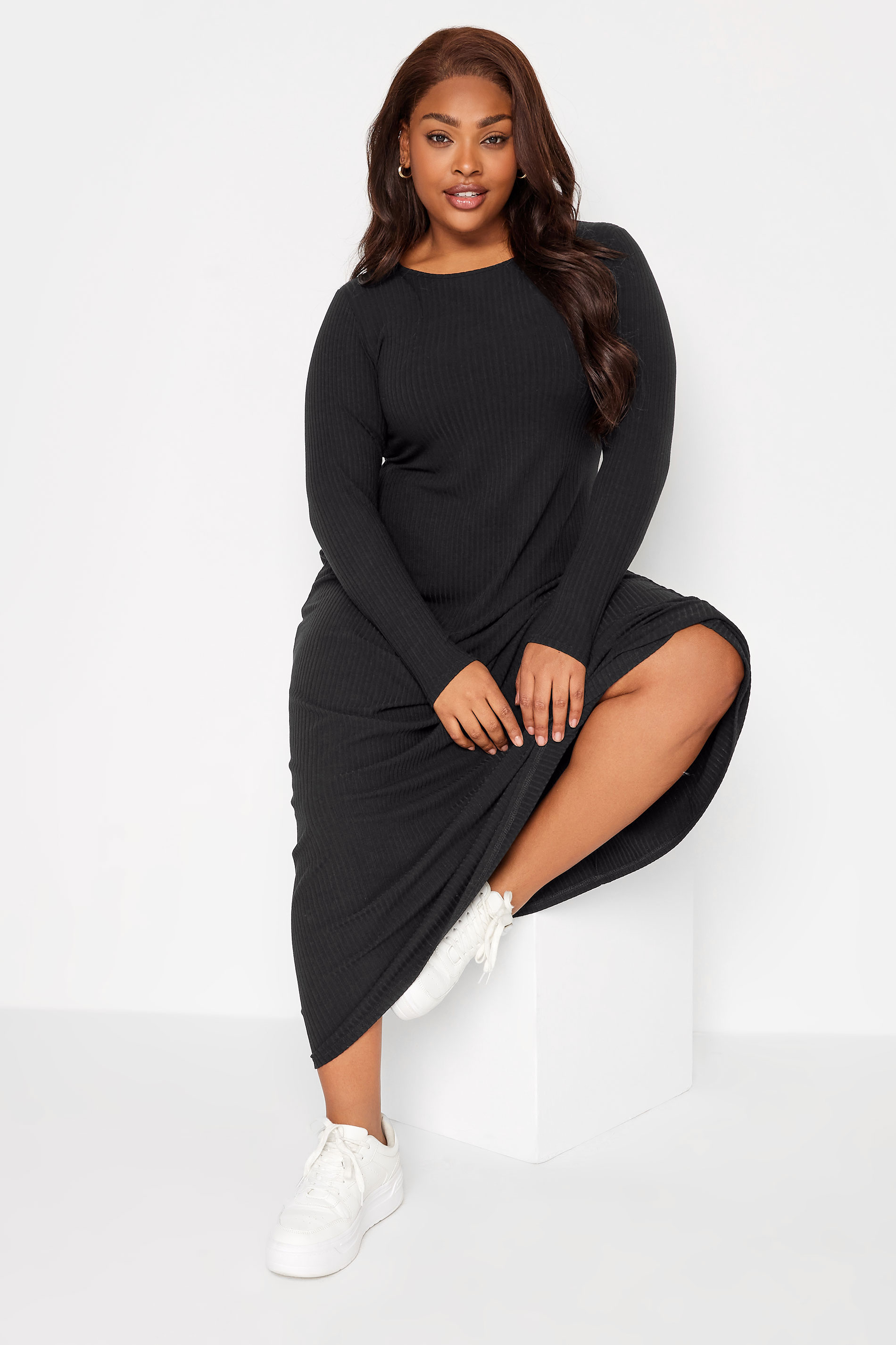 YOURS Curve Plus Size Black Ribbed Maxi Swing Dress | Yours Clothing  2