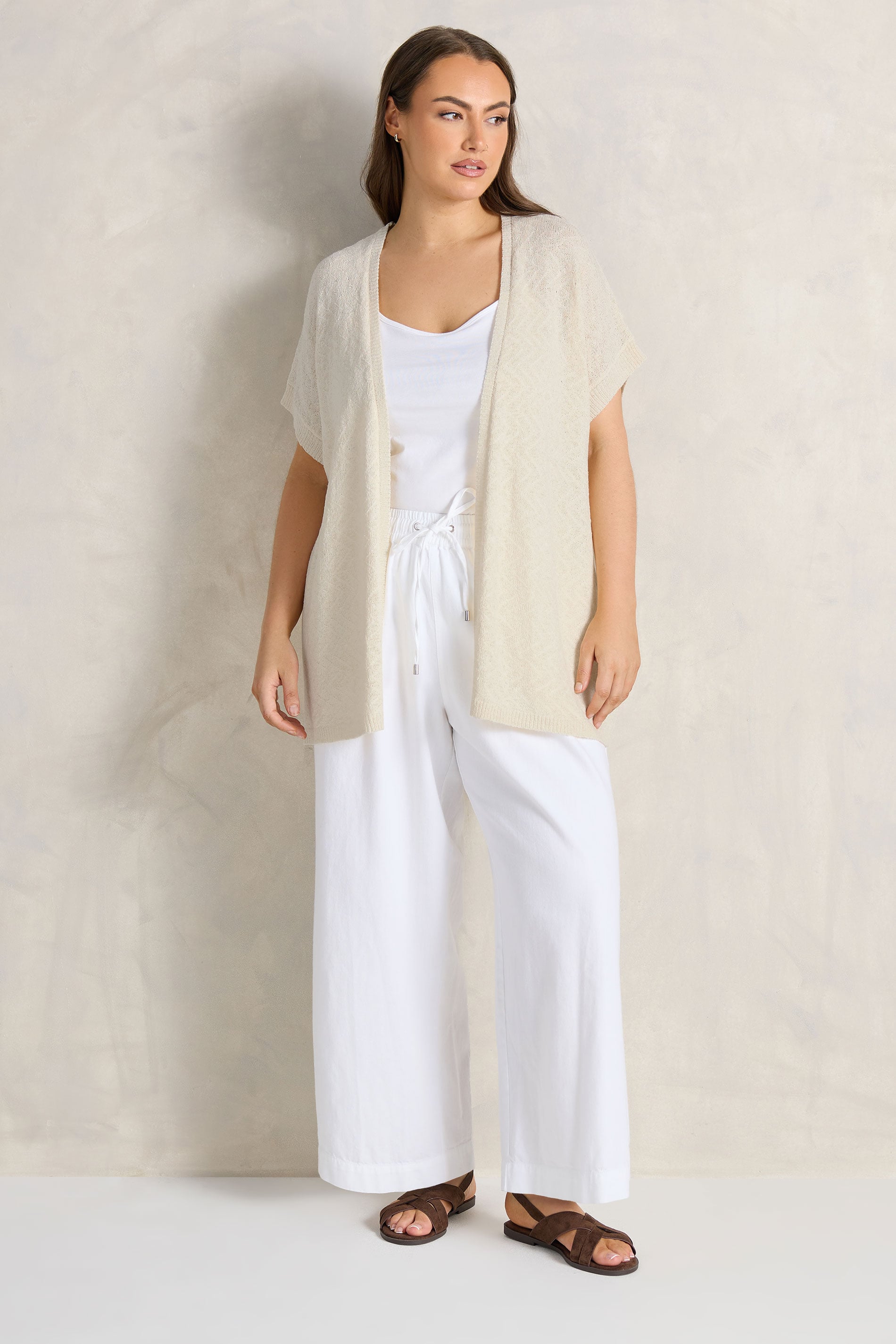 EVANS Plus Size Cream Tape Yarn Short Sleeve Cardigan | Evans 1
