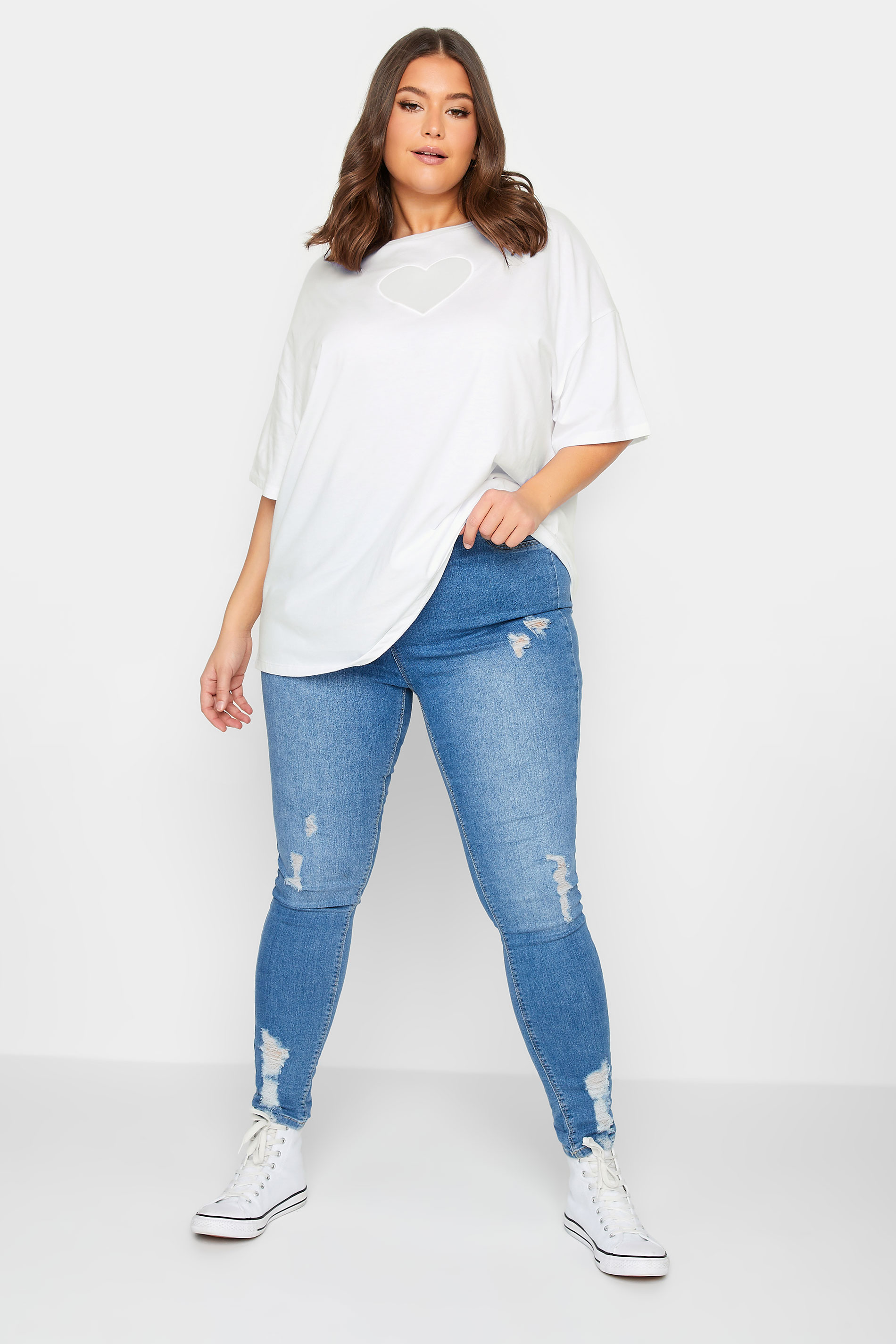 YOURS Plus Size White Heart Cut Out T-Shirt | Yours Clothing 2