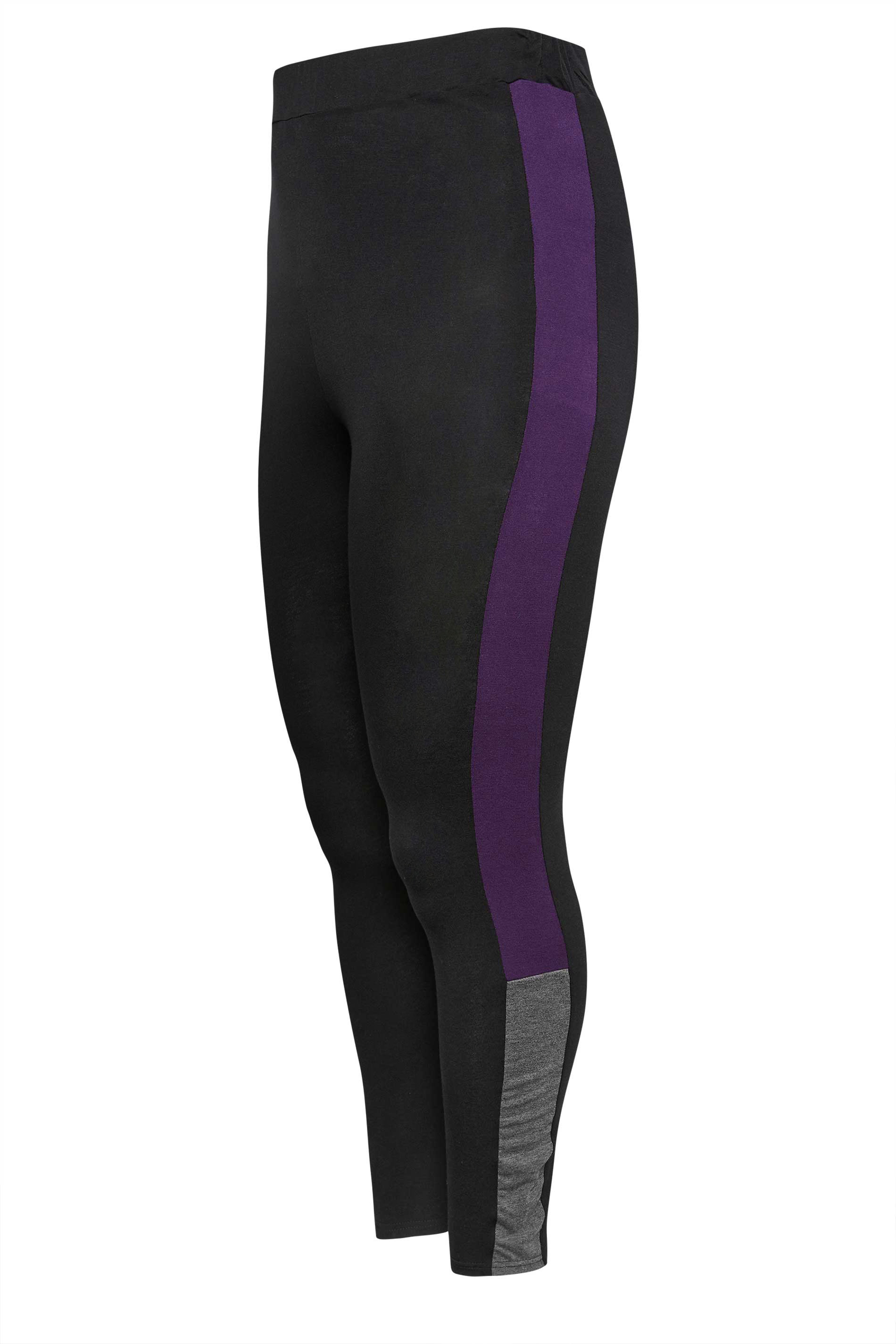 YOURS ACTIVE Plus Size Black & Purple Side Stripe Leggings