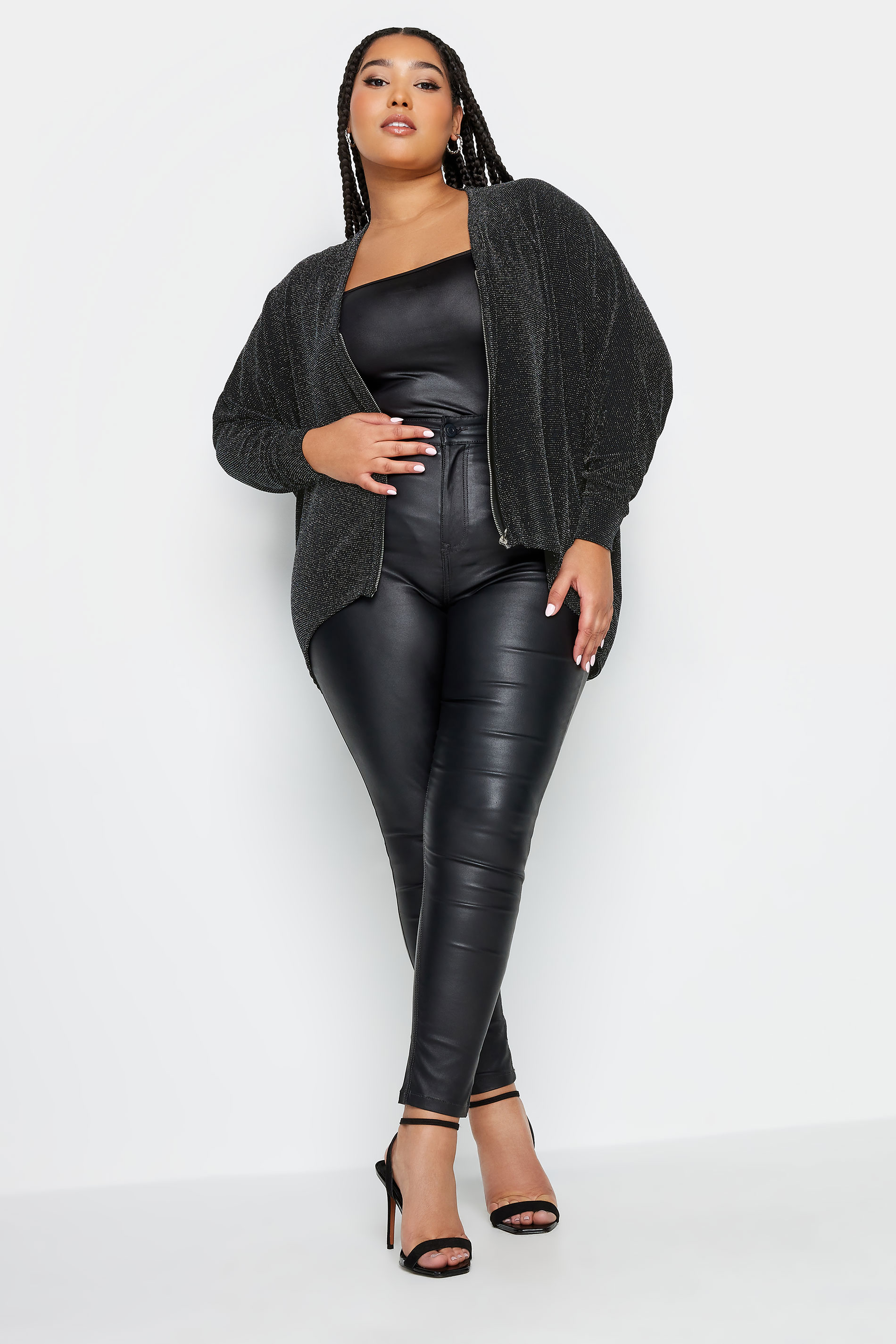 YOURS Plus Size Black & Silver Glitter Zip Through Top | Yours Clothing 2