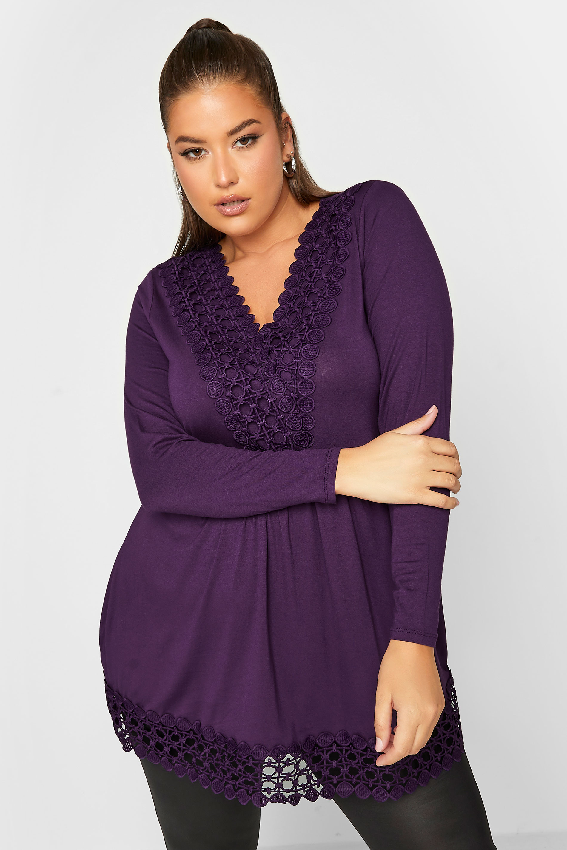 Plus Size Purple Crochet Trim Long Sleeve Tunic Top | Yours Clothing 1