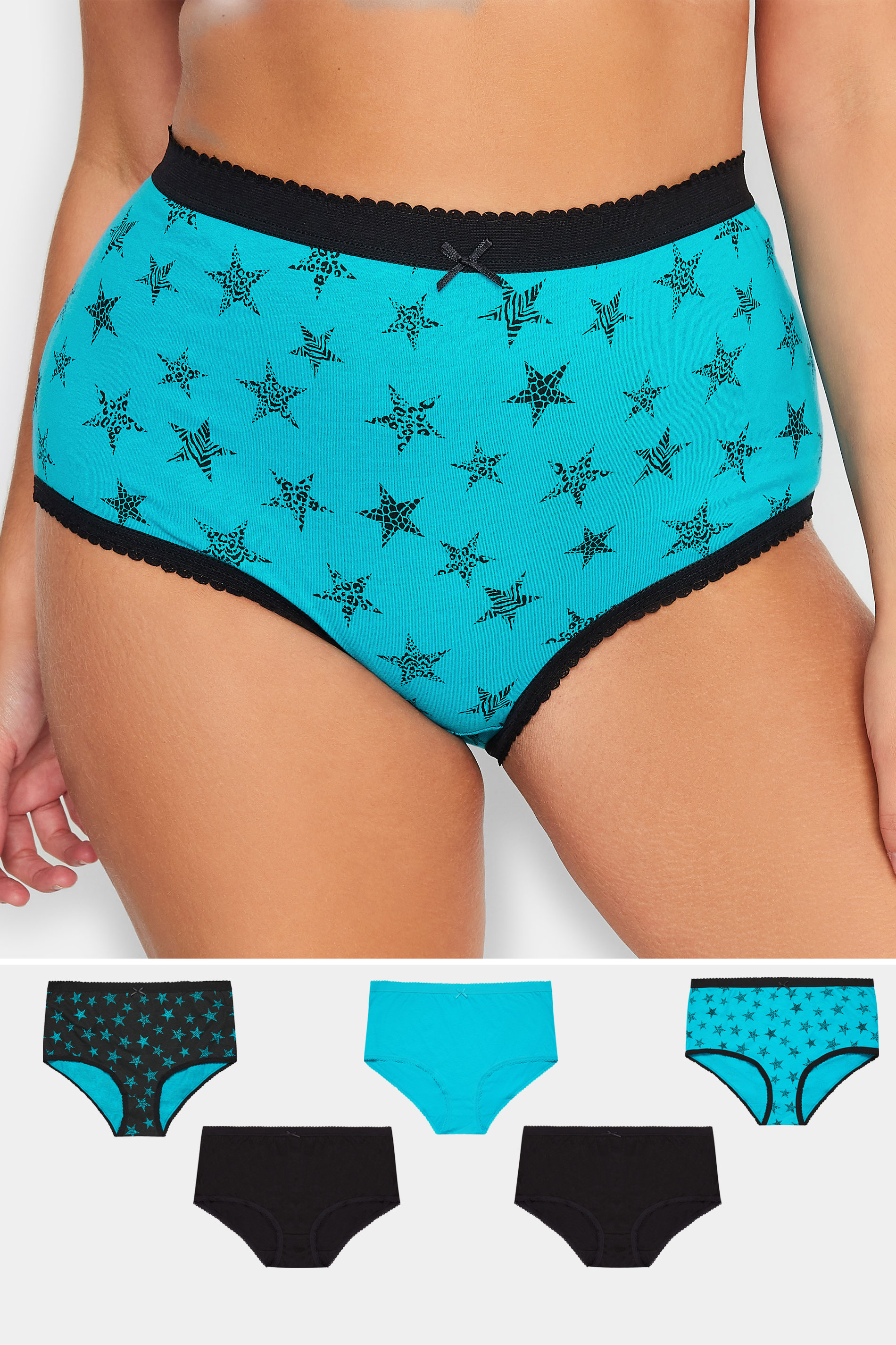 YOURS Plus Size 5 PACK Black & Blue Animal Star Print Full Briefs | Yours Clothing 1