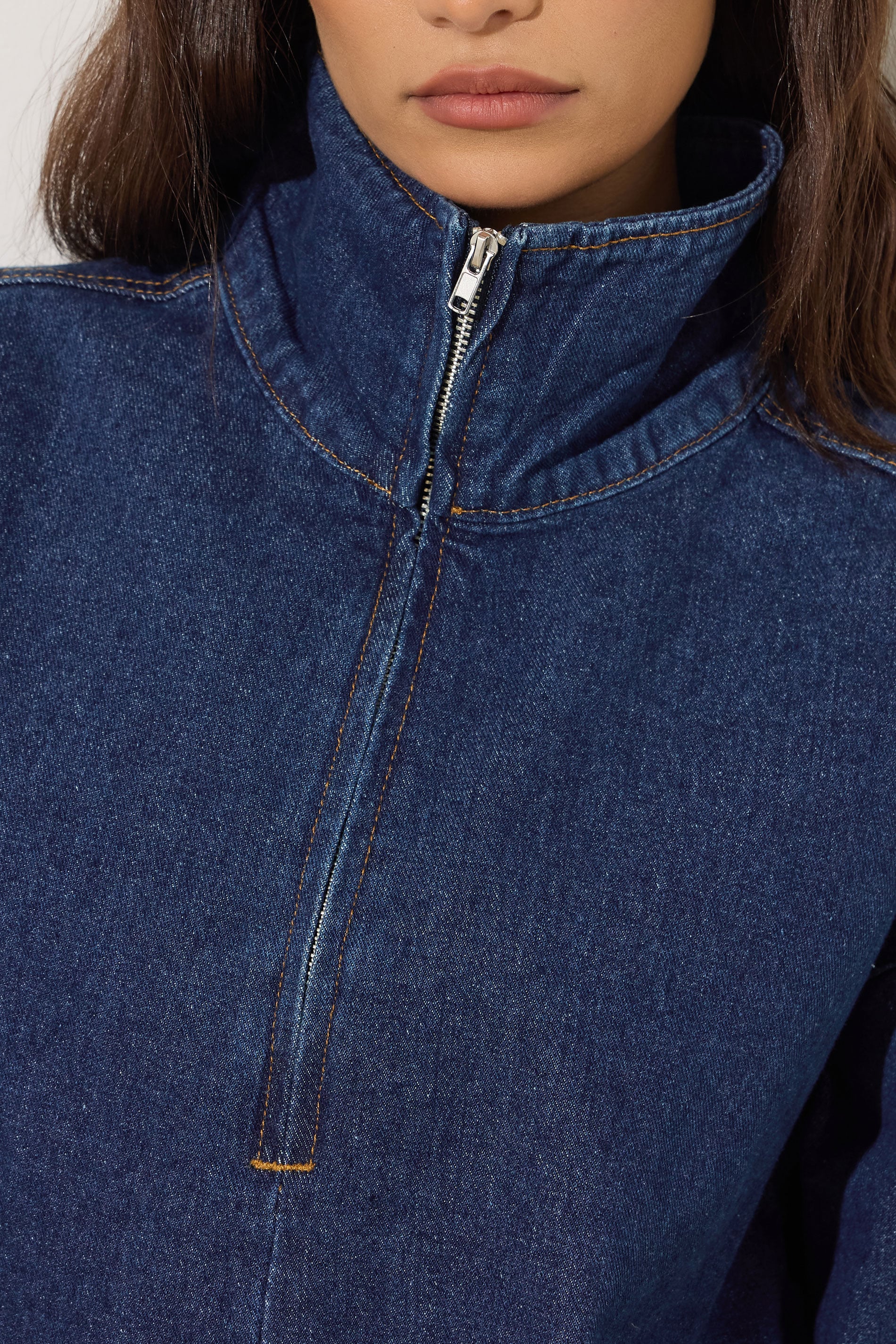 PixieGirl Petite Women's Dark Blue Denim Quarter Zip Cotton Top | PixieGirl 9