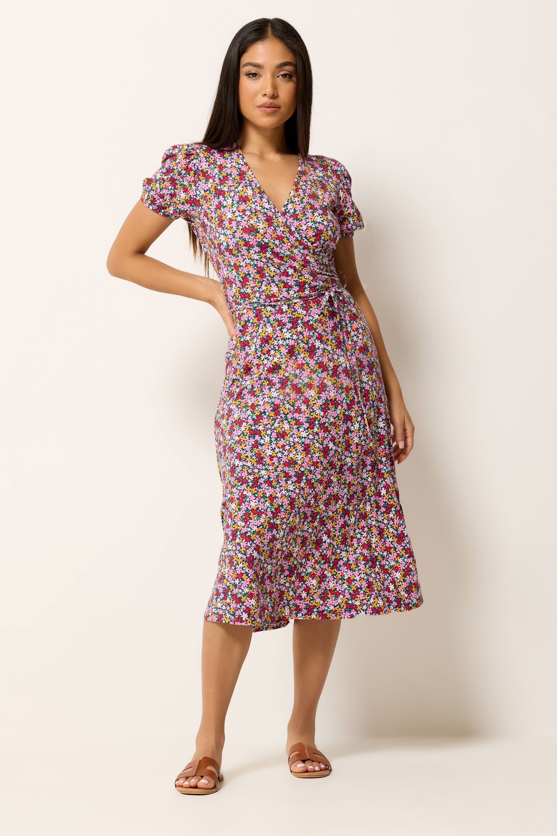 M&Co Petite Pink Ditsy Floral Midi Wrap Dress | M&Co 1