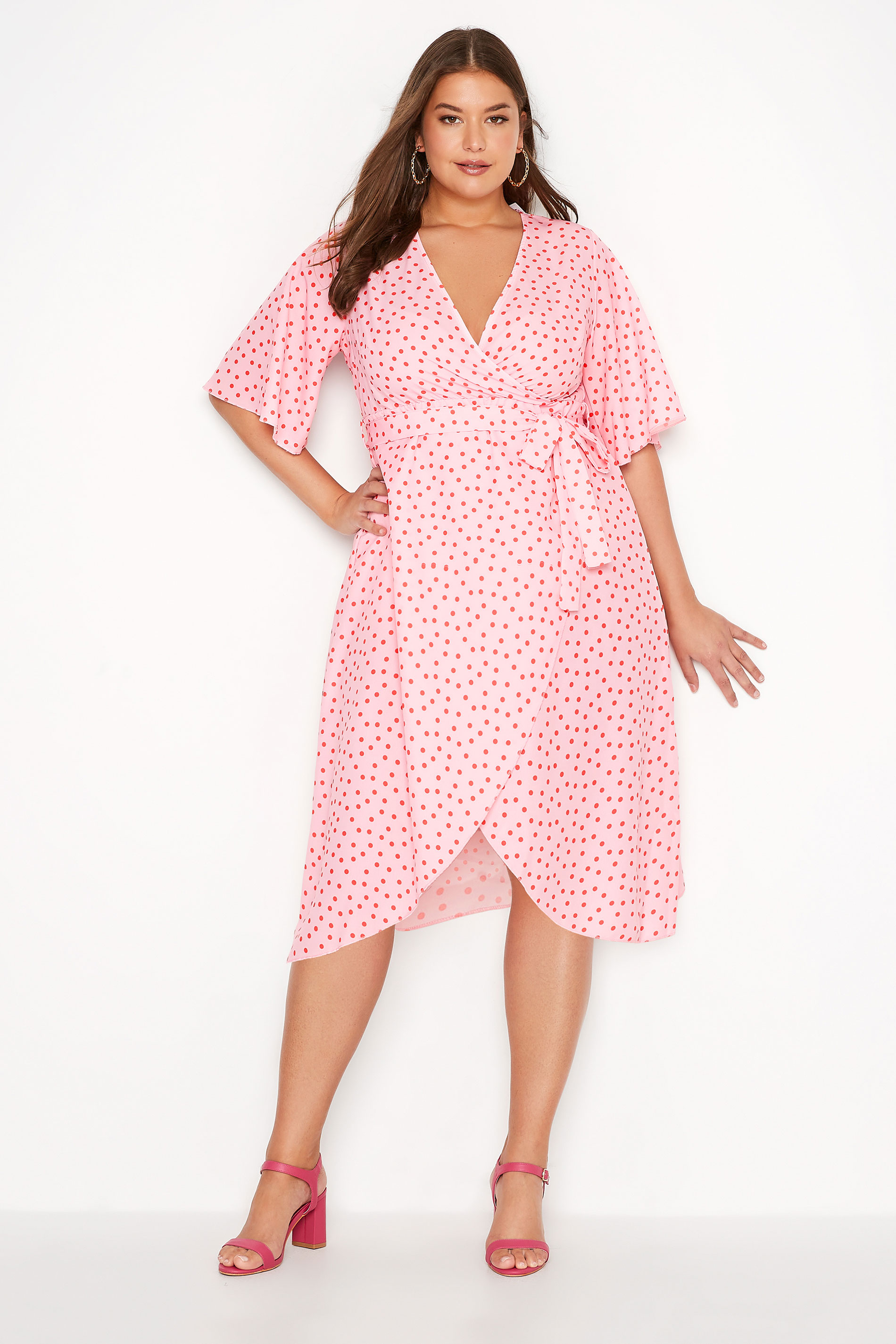 Robes Grande Taille Grande taille  Robes Portefeuilles | YOURS LONDON - Robe Rose à Pois Rouge Style Portefeuille - YK23336