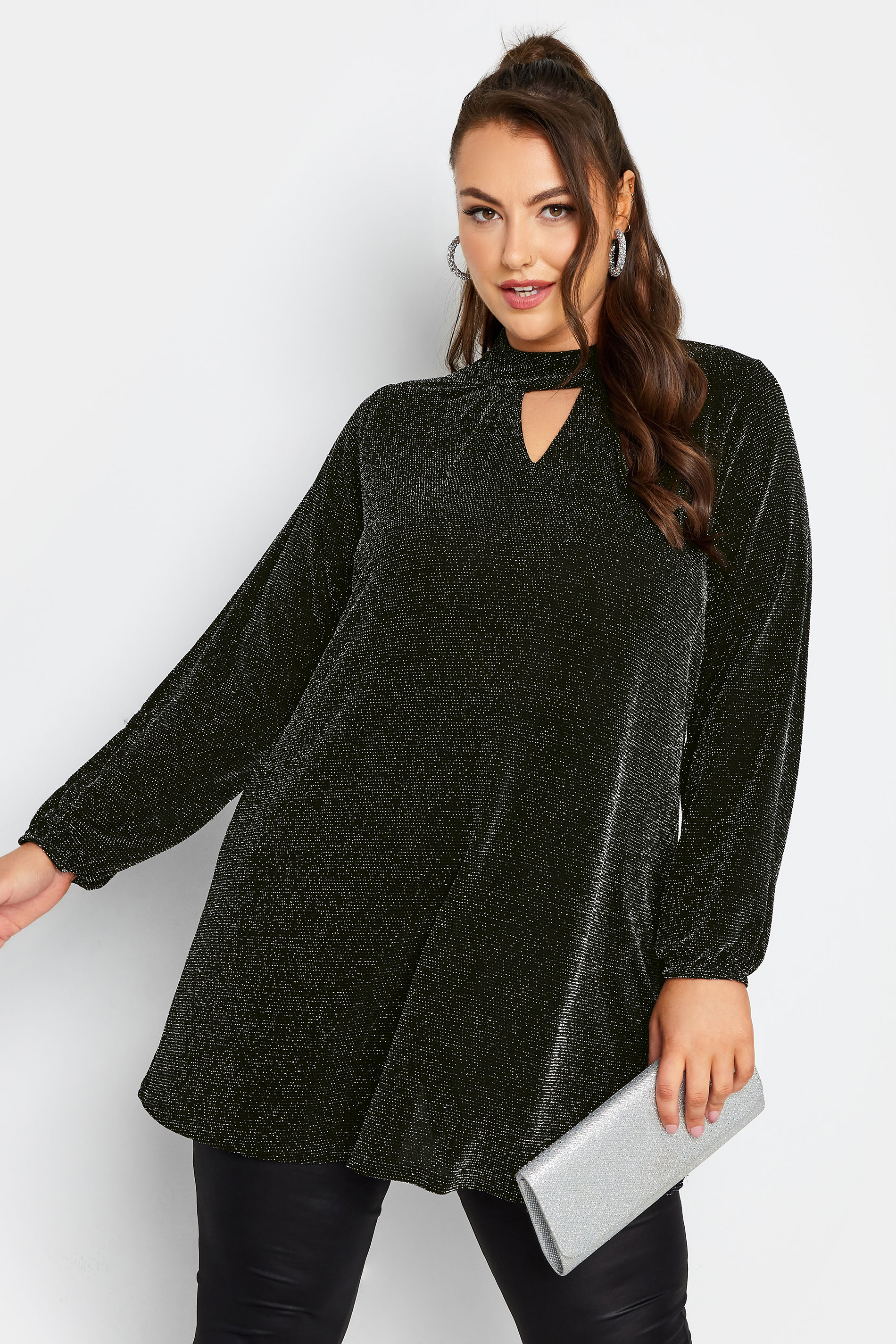 YOURS LONDON Plus Size Black & Silver Glitter Cut Out Swing Top | Yours Clothing 1