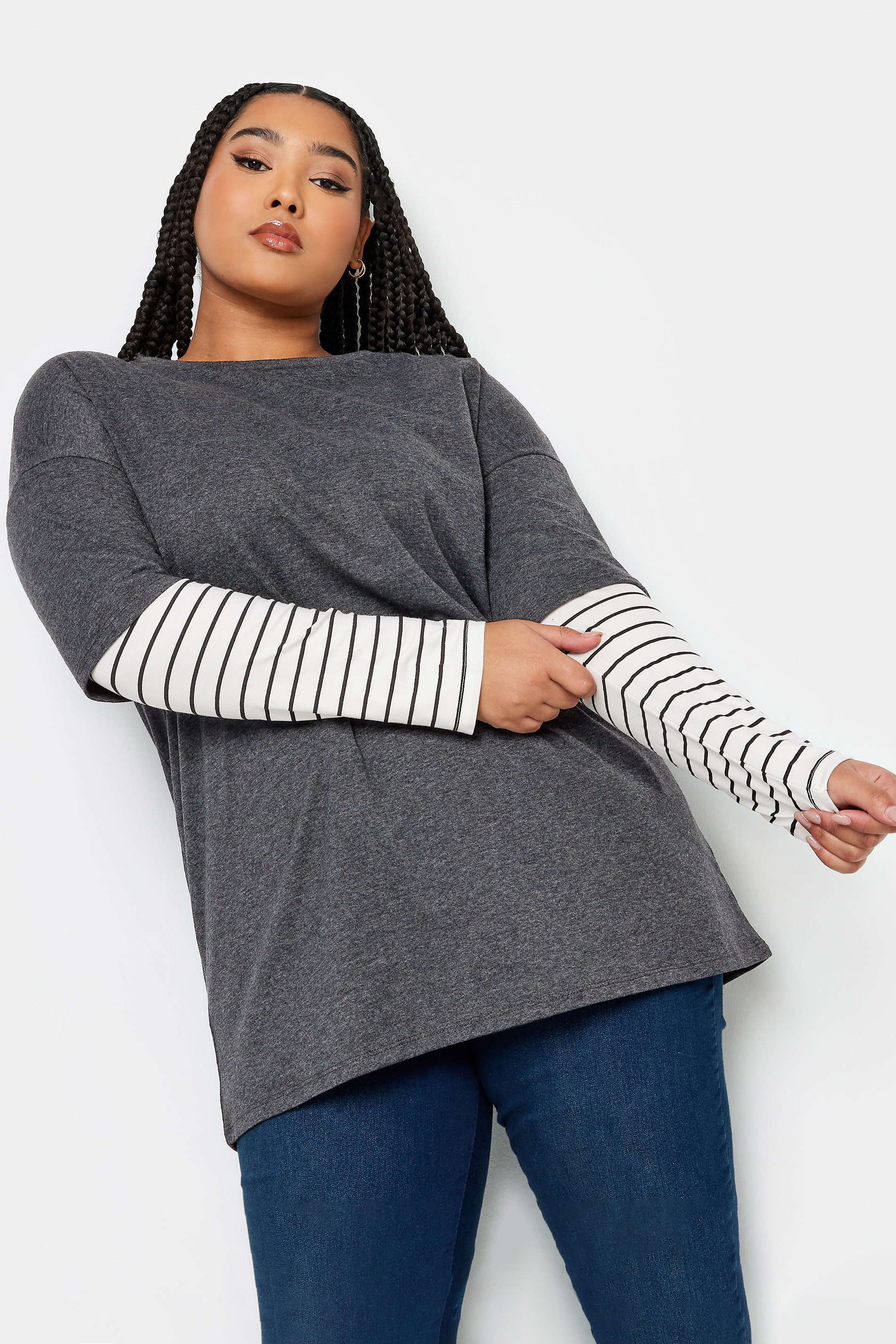 YOURS Plus Size Grey Stripe Sleeve Double Layer T-Shirt | Yours Clothing 2