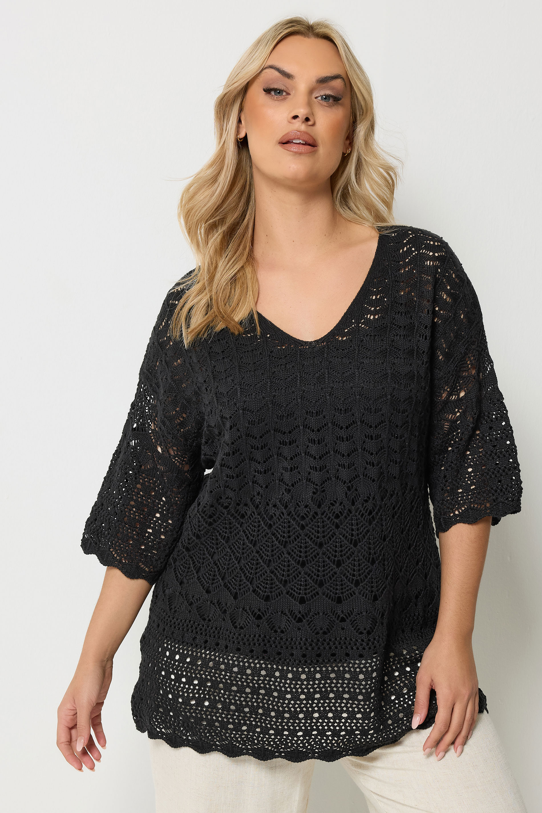 YOURS Plus Size Black Crochet Crew Neck Top | Yours Clothing 3