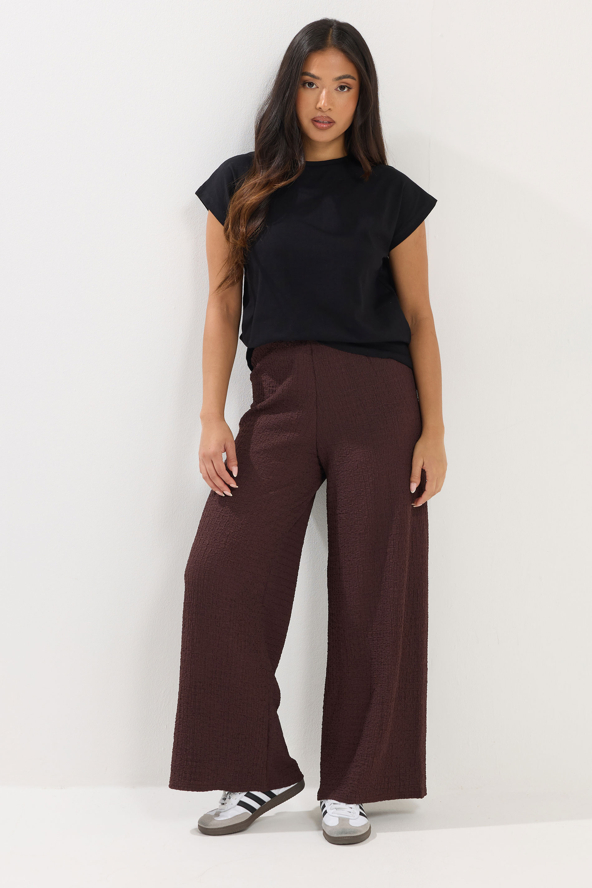 PixieGirl Petite Women's Chocolate Brown Textured Wide Leg Trousers | PixieGirl 3
