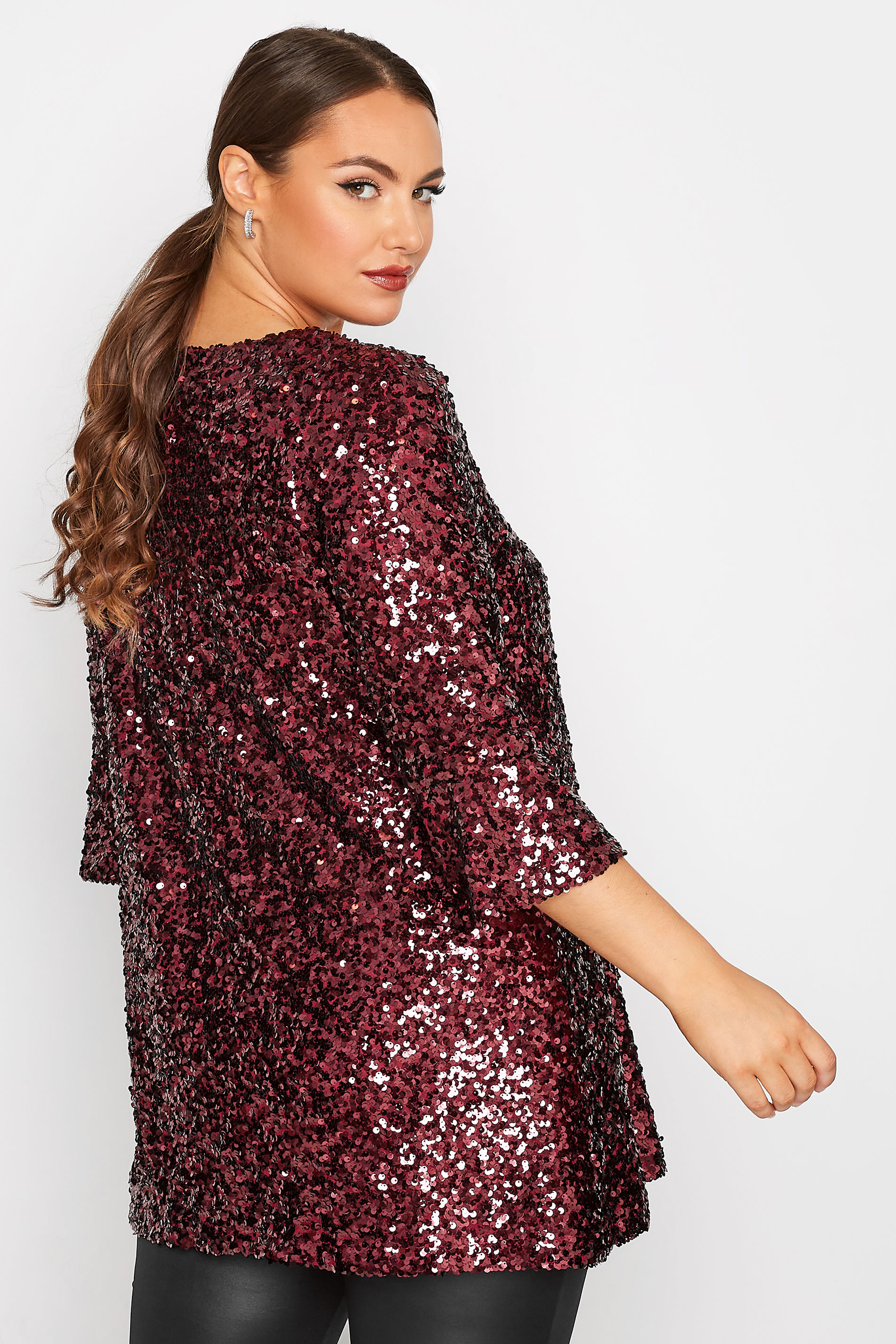 YOURS LONDON Plus Size Red Sequin Embellished Flute Sleeve Top | Yours Clothing 3