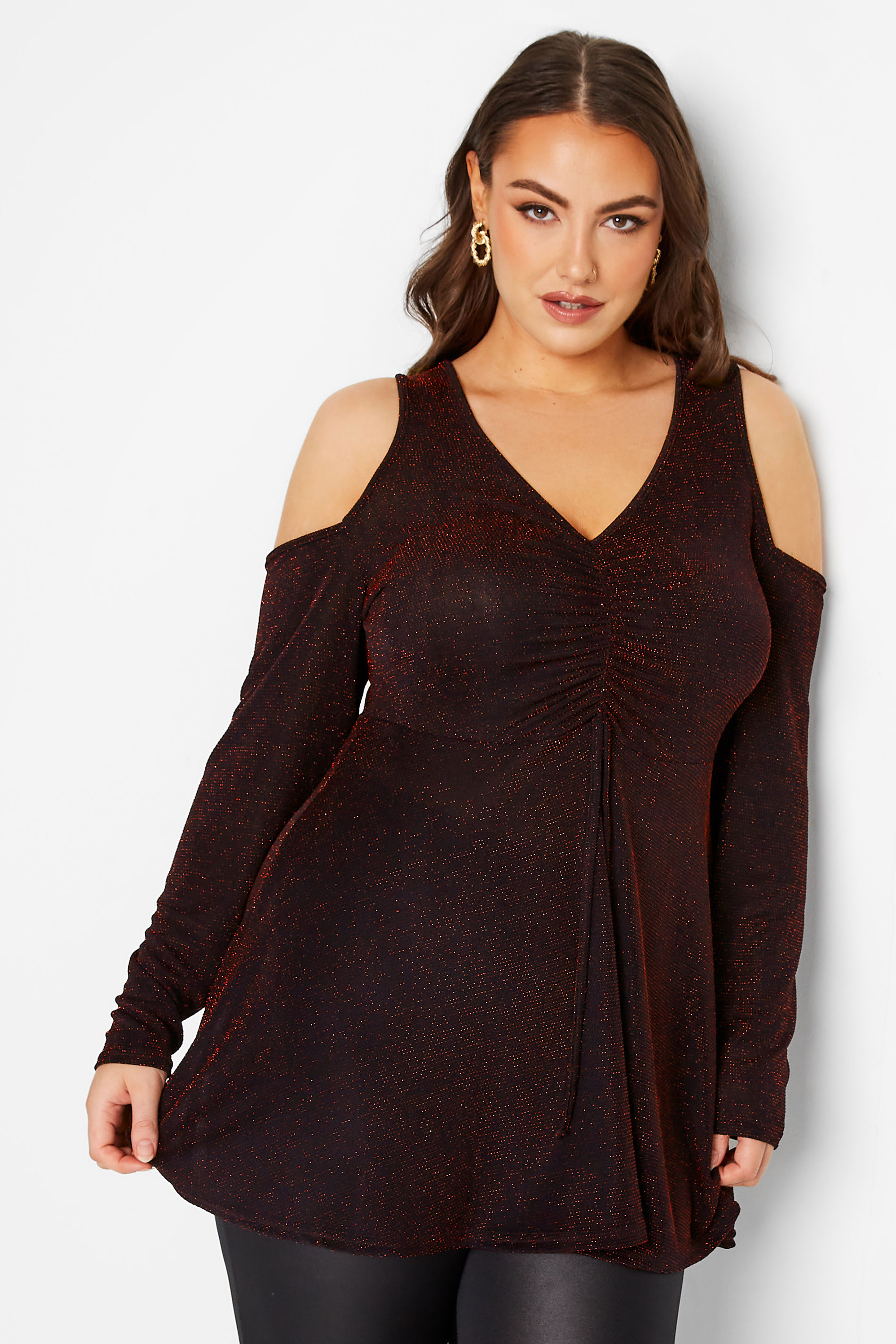 LIMITED COLLECTION Plus Size Black & Red Glitter Cold Shoulder Top | Yours Clothing 1