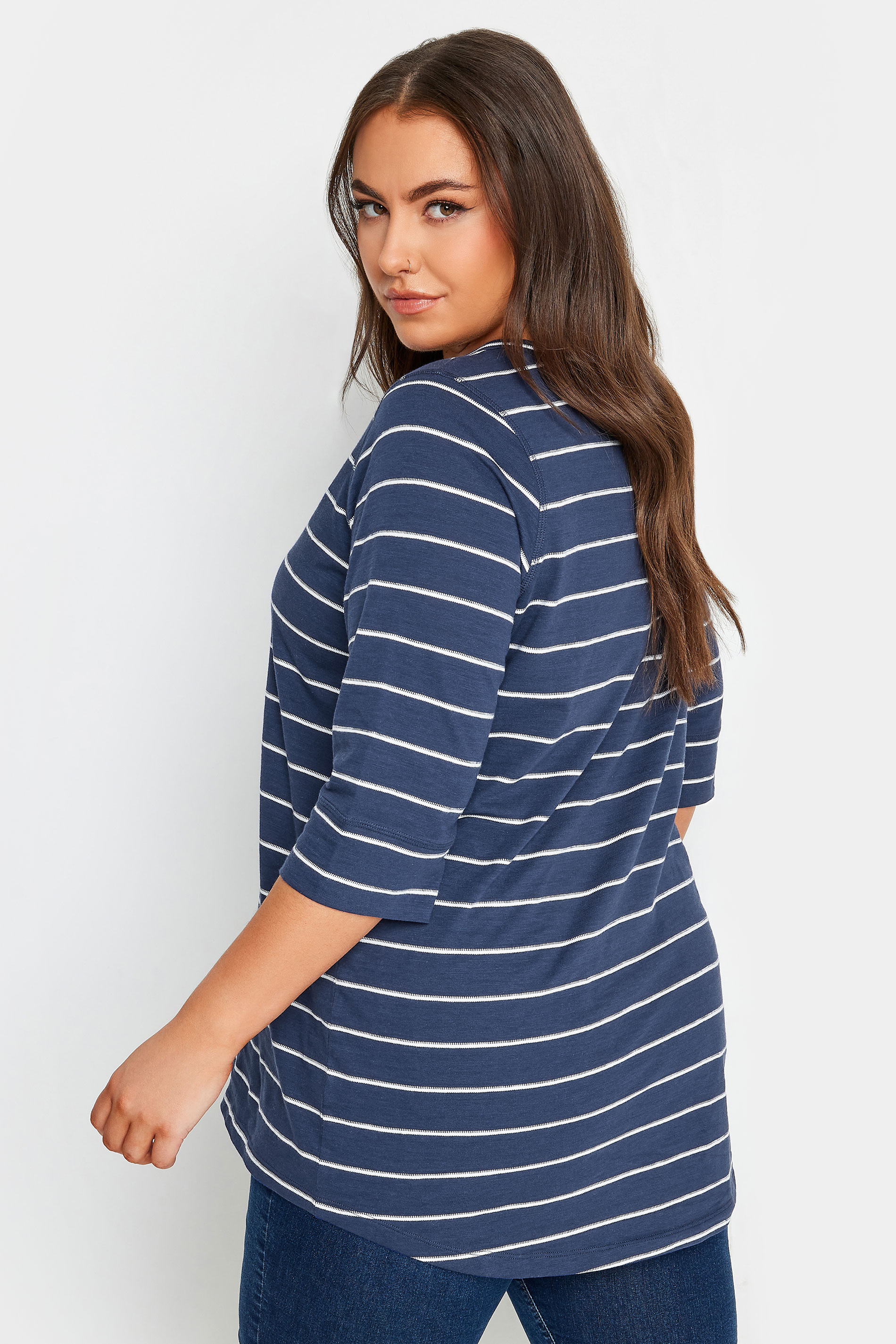 YOURS Plus Size Blue & White Stripe Notch Neck Top | Yours Clothing 3